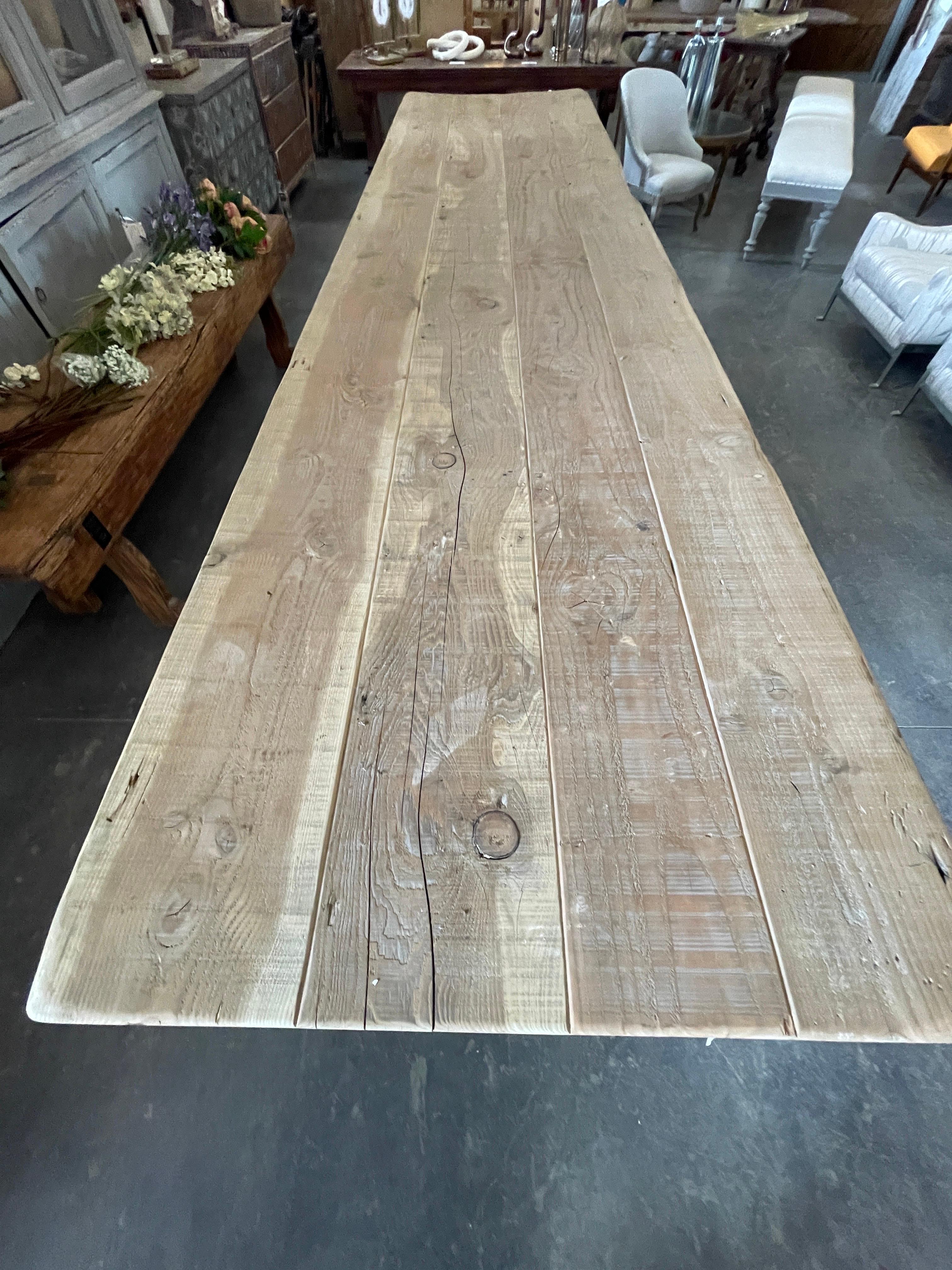 English 300 Year Old Pine Newly Repurposed 13 Foot Trestle Style Dining Table 3