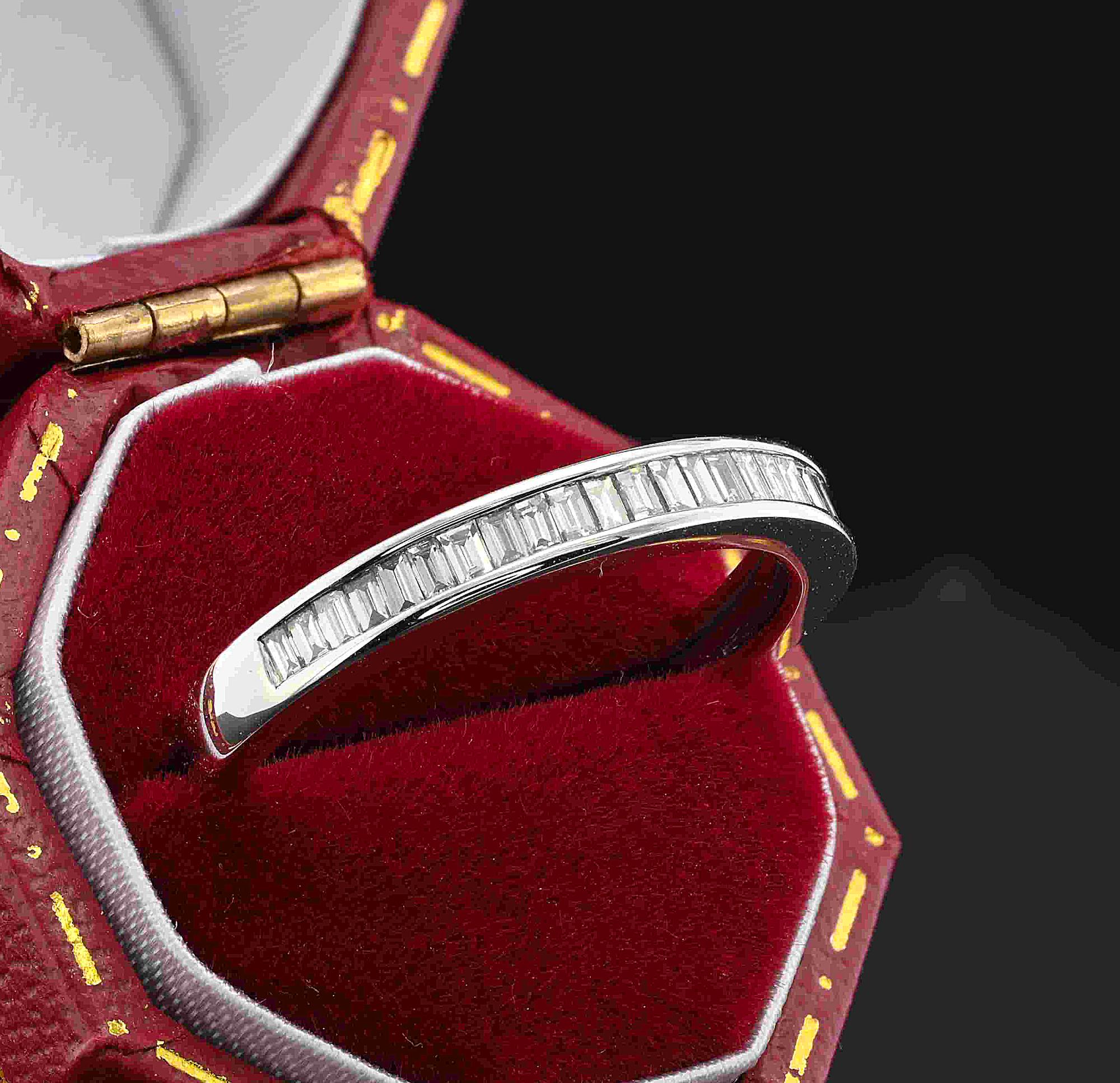 Baguette Cut English .45 Ct F VVS Baguette Diamond Platinum Half Eternity Ring For Sale
