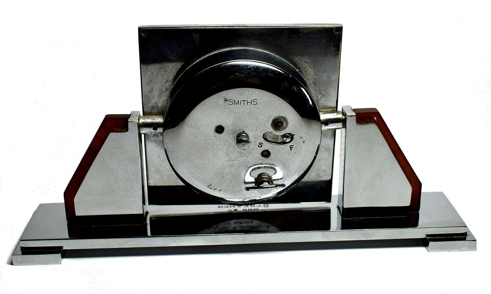 20th Century English 8-Day Chrome and Bakelite Desk Clock, Dated 1936