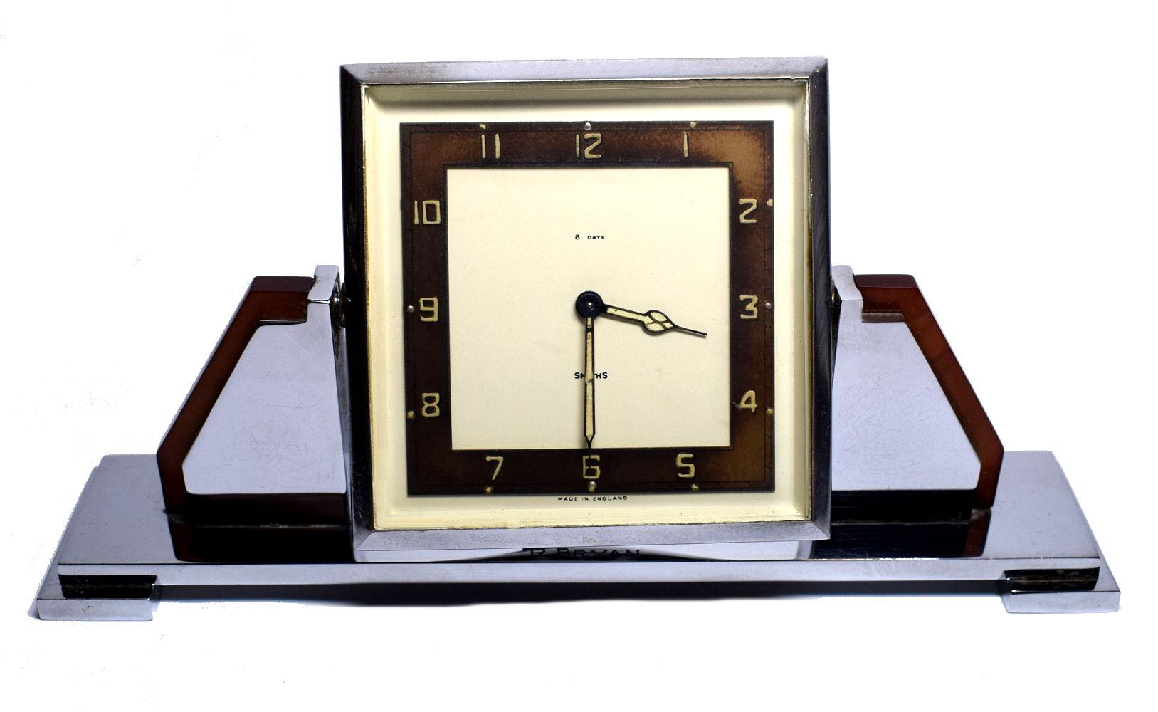 Glass English 8-Day Chrome and Bakelite Desk Clock, Dated 1936