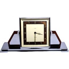 Vintage English 8-Day Chrome and Bakelite Desk Clock, Dated 1936