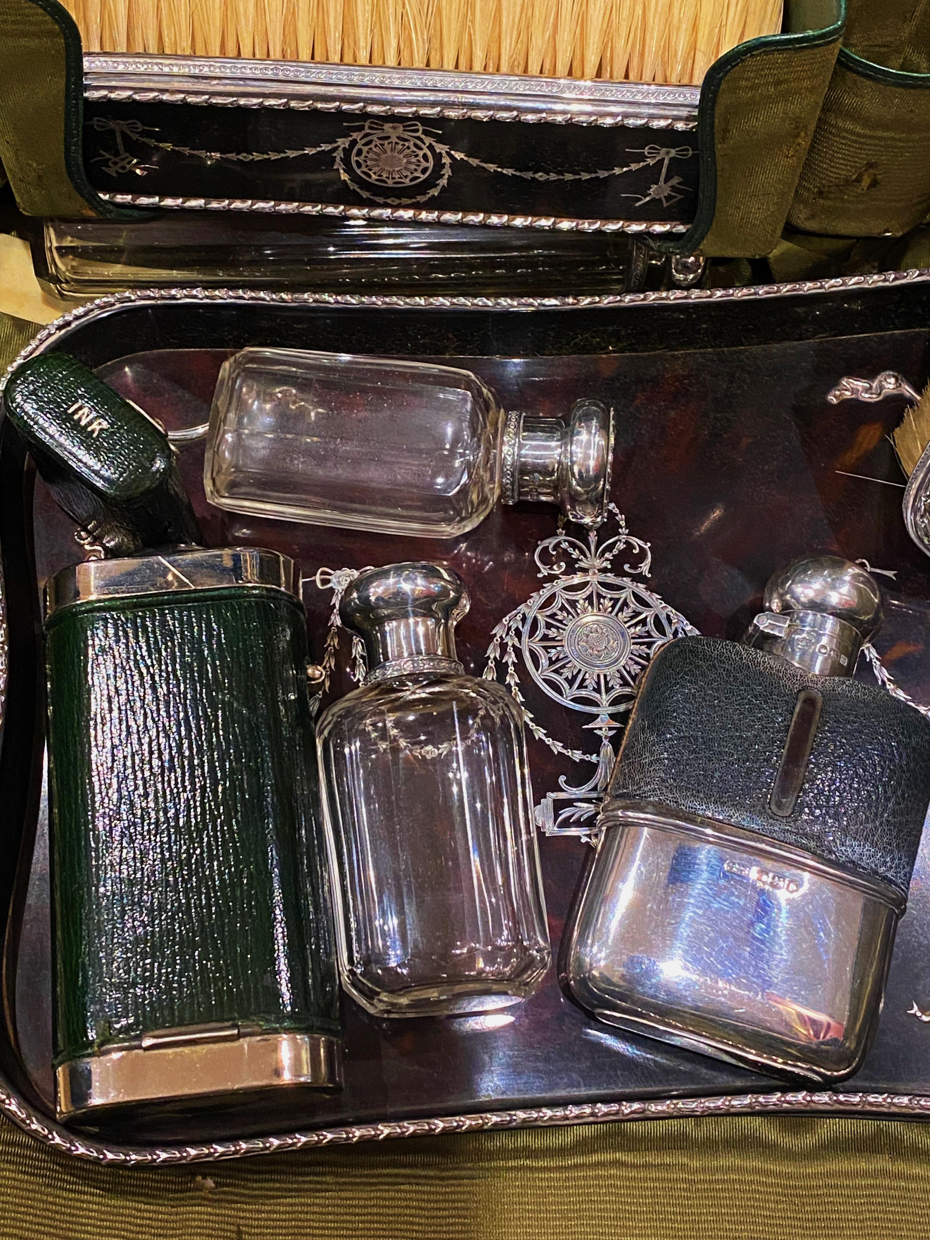Edwardian English 925 Silver Travelling Dressing Table Set + G & J W. Hawksley Hip Flask For Sale