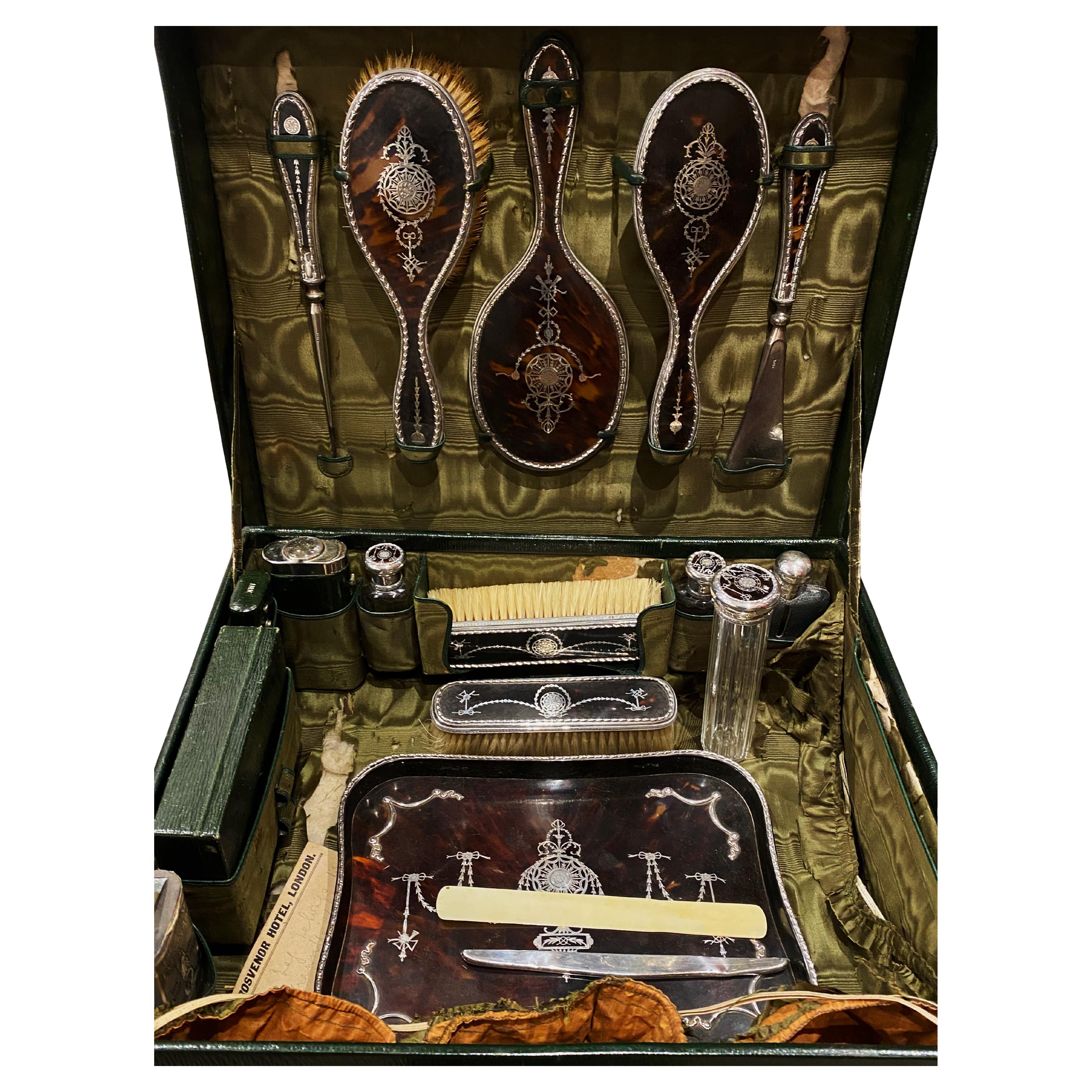 English 925 Silver Travelling Dressing Table Set + G & J W. Hawksley Hip Flask For Sale