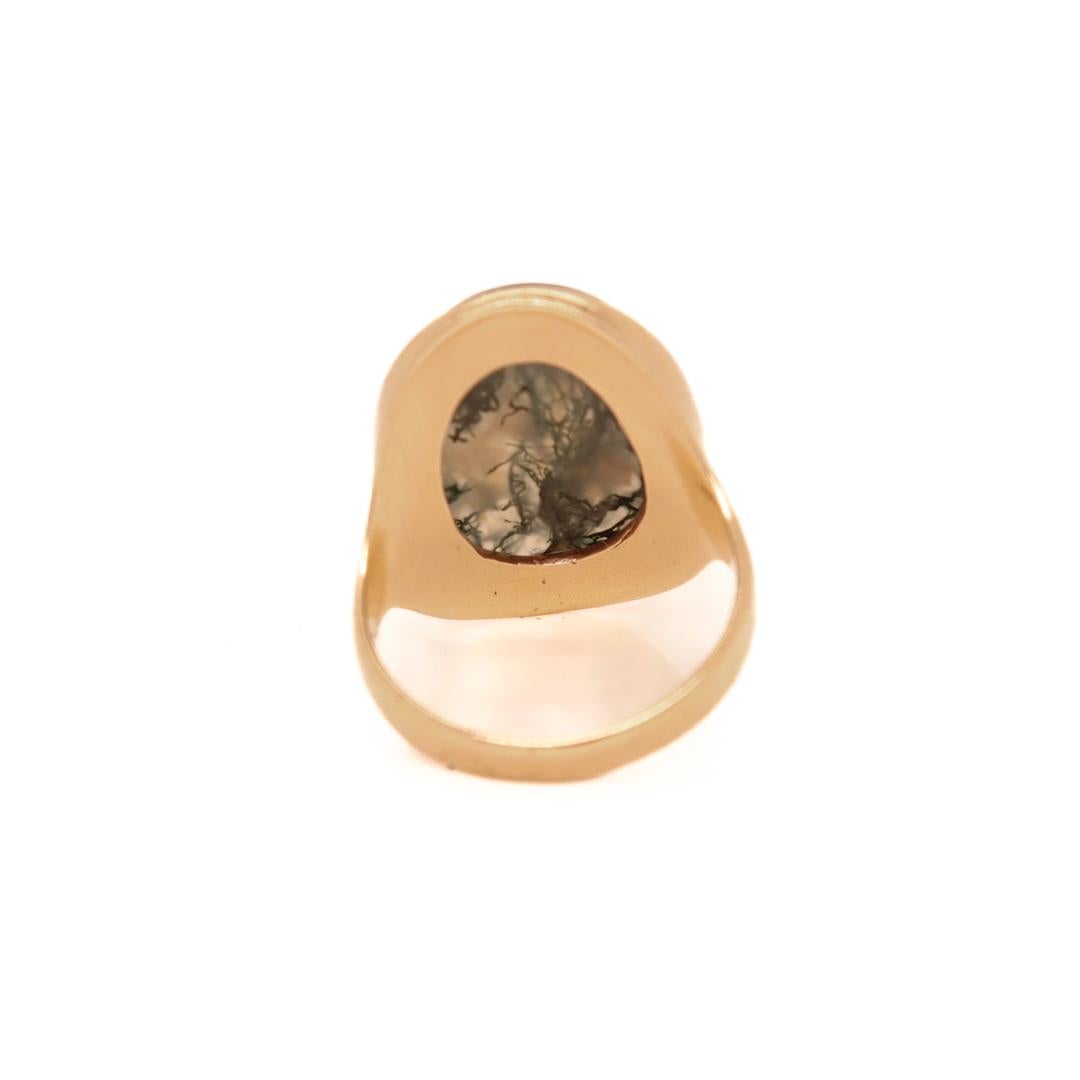 Women's or Men's English 9ct Gold & Moss Agate Cabochon Signet Type Ring