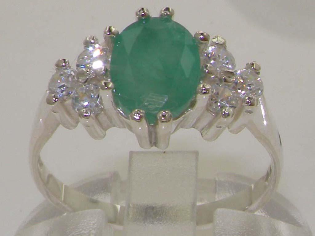 For Sale:  English 9K White Gold Natural 1.3ct Emerald & 0.36ct 1/3ct Diamond Accent Engage 2
