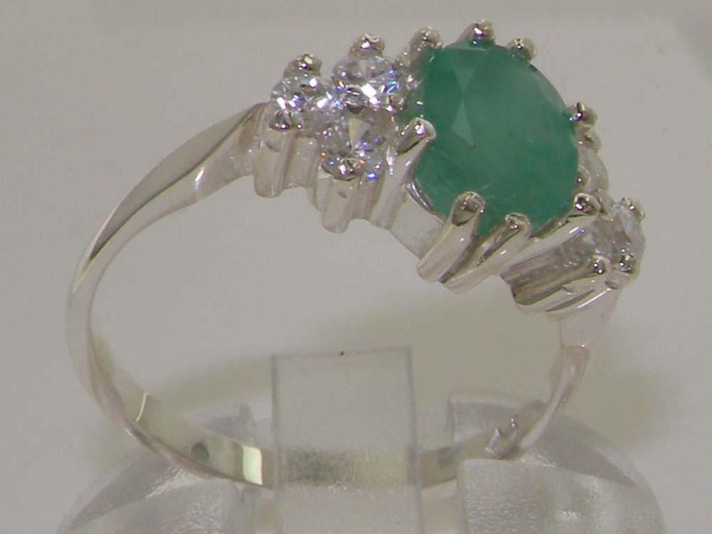 For Sale:  English 9K White Gold Natural 1.3ct Emerald & 0.36ct 1/3ct Diamond Accent Engage 3