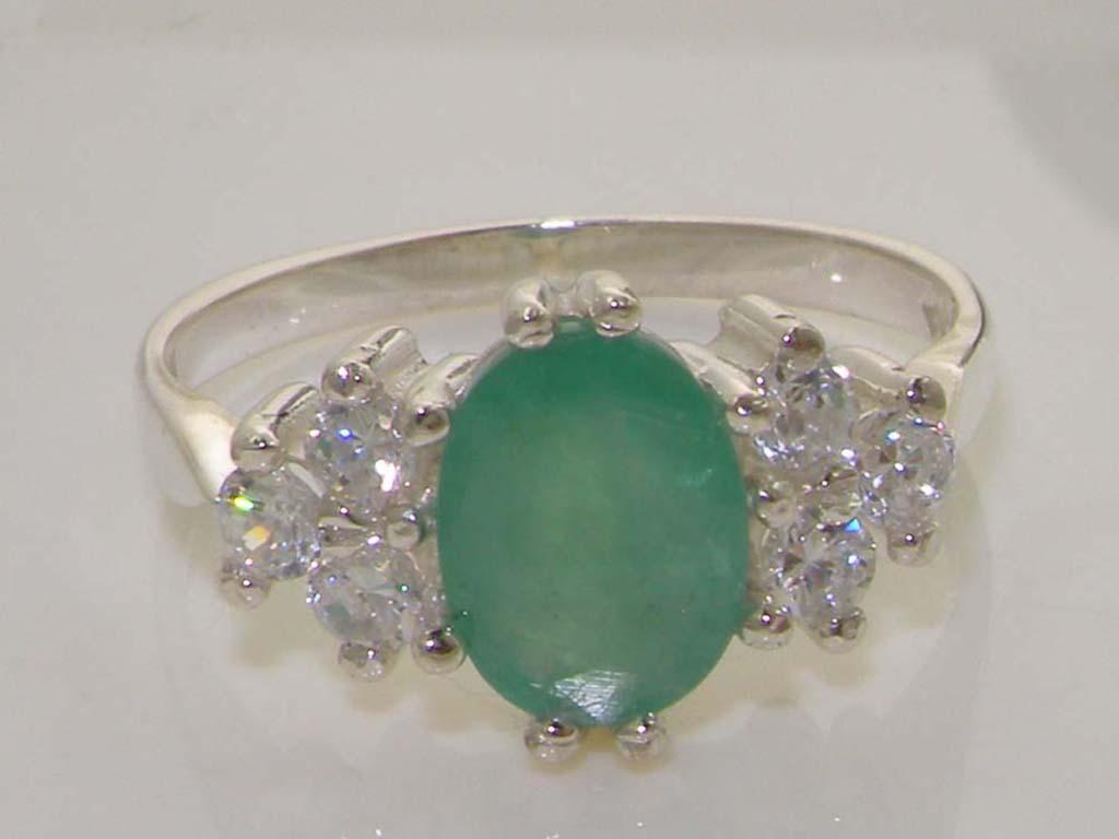 For Sale:  English 9K White Gold Natural 1.3ct Emerald & 0.36ct 1/3ct Diamond Accent Engage 5