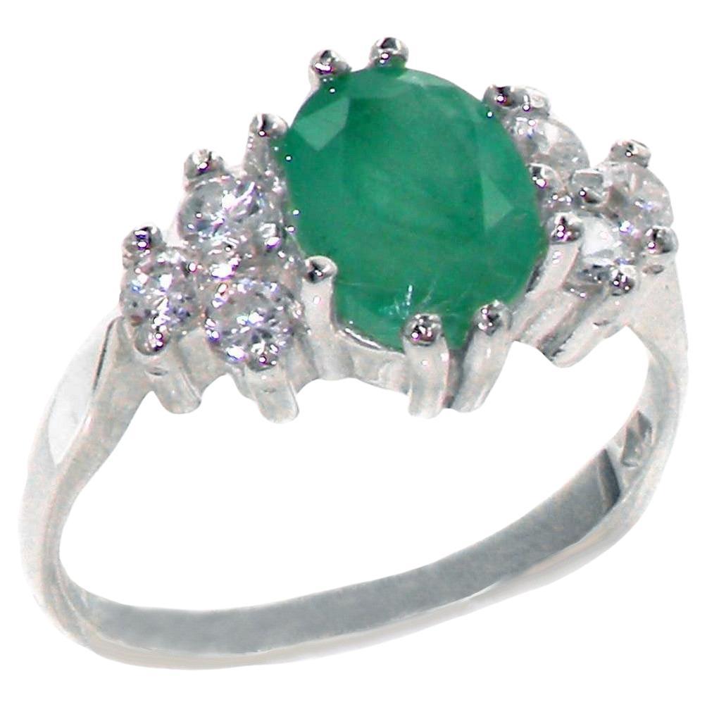 For Sale:  English 9K White Gold Natural 1.3ct Emerald & 0.36ct 1/3ct Diamond Accent Engage