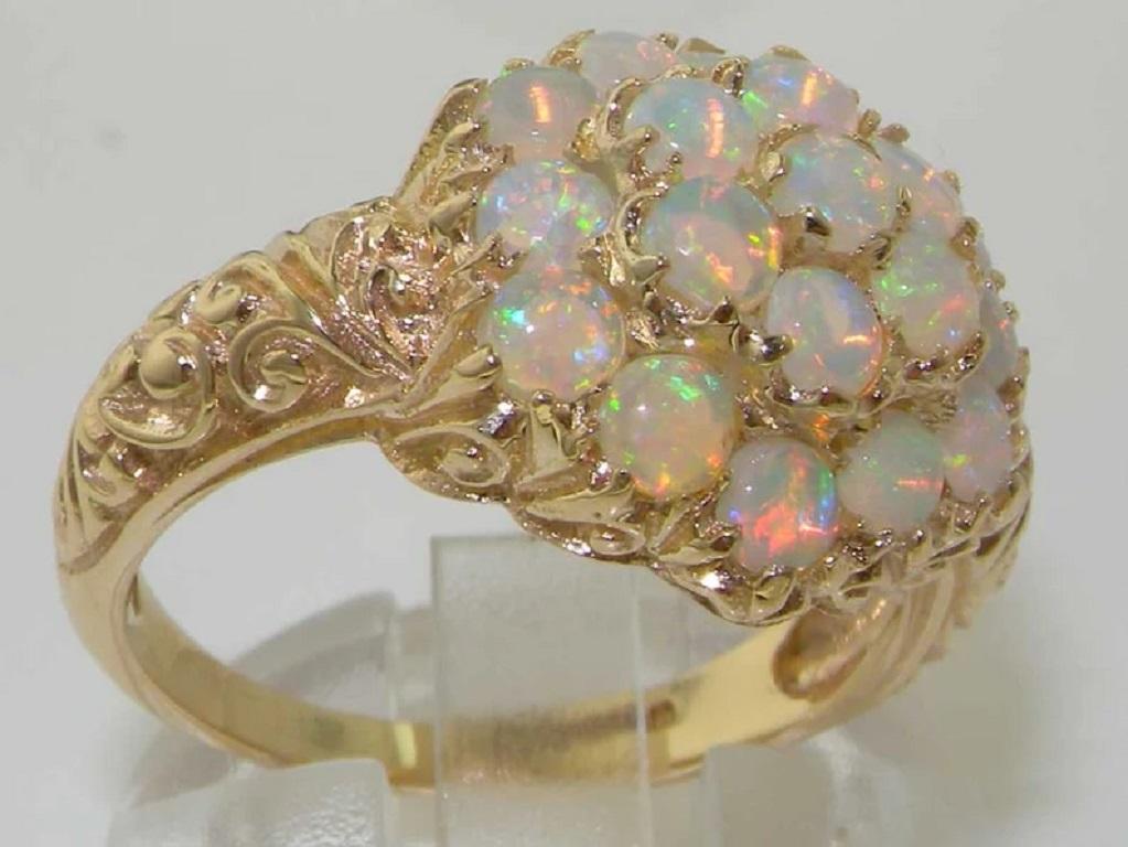 For Sale:  English 9K Yellow Gold Opal Cluster Flower Cocktail Ring, Made in England 2