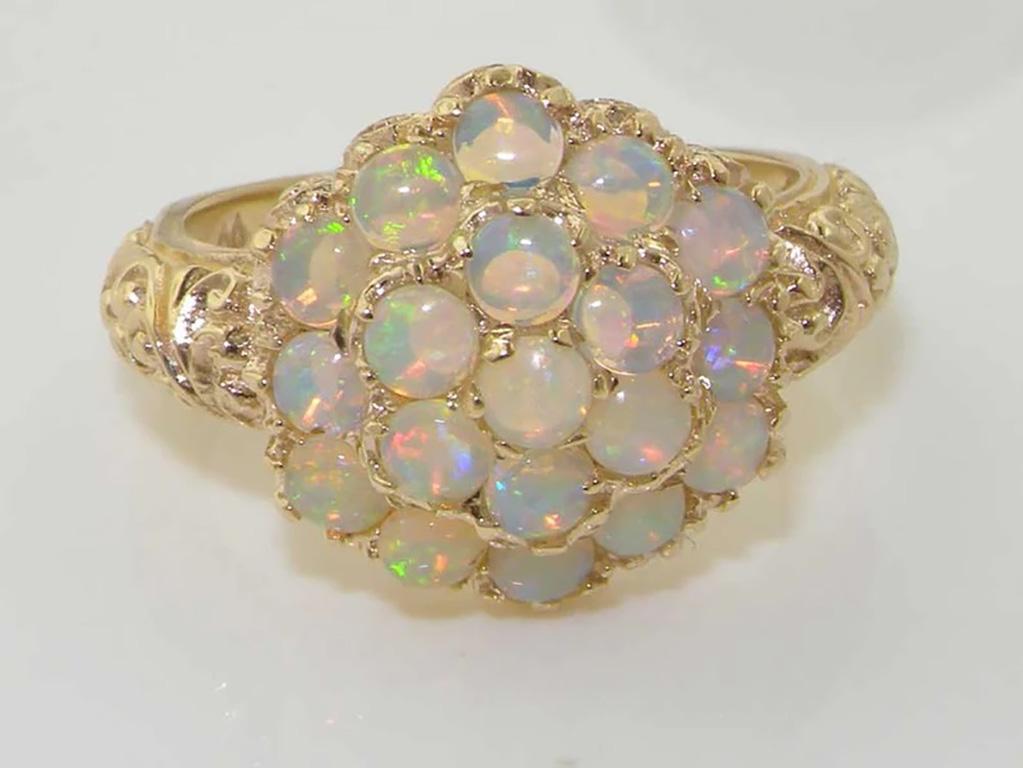 For Sale:  English 9K Yellow Gold Opal Cluster Flower Cocktail Ring, Made in England 4