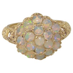 Vintage English 9K Yellow Gold Opal Cluster Flower Cocktail Ring, Made in England