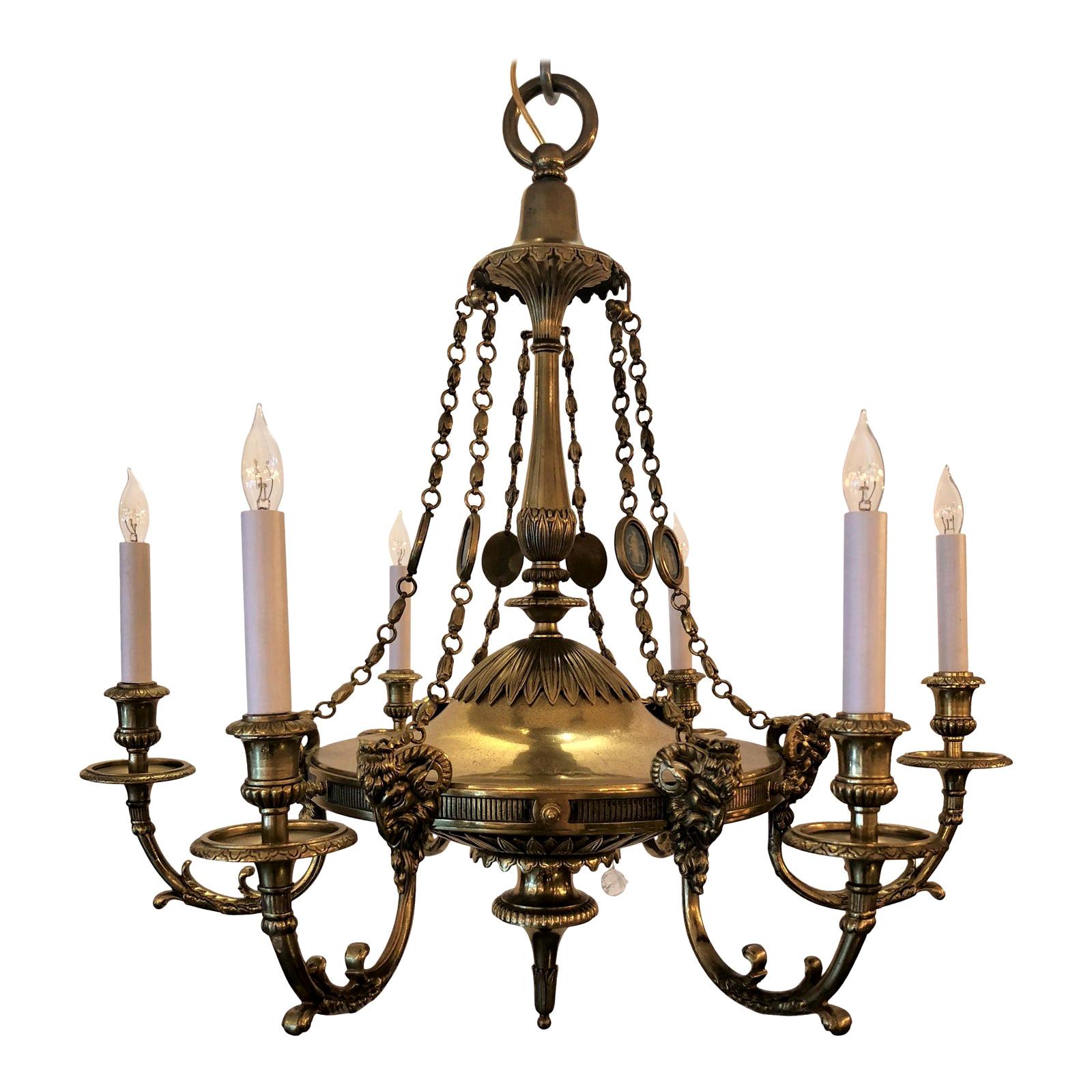 English Adam Design Classic Brass Fixture Chandelier with Wedgwood Insets For Sale
