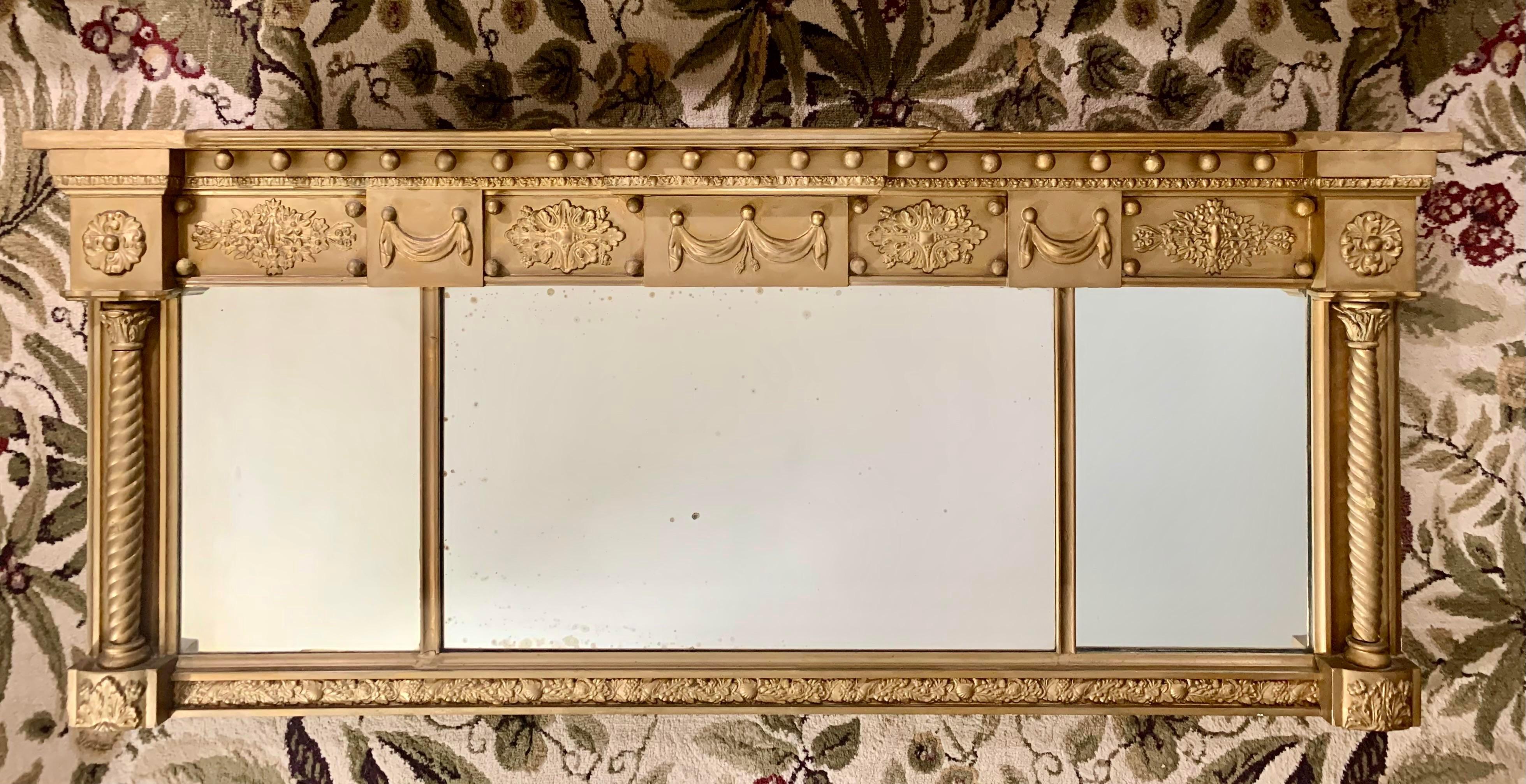 English Adam Neoclassical Triple Panel Overmantel Mirror For Sale 4