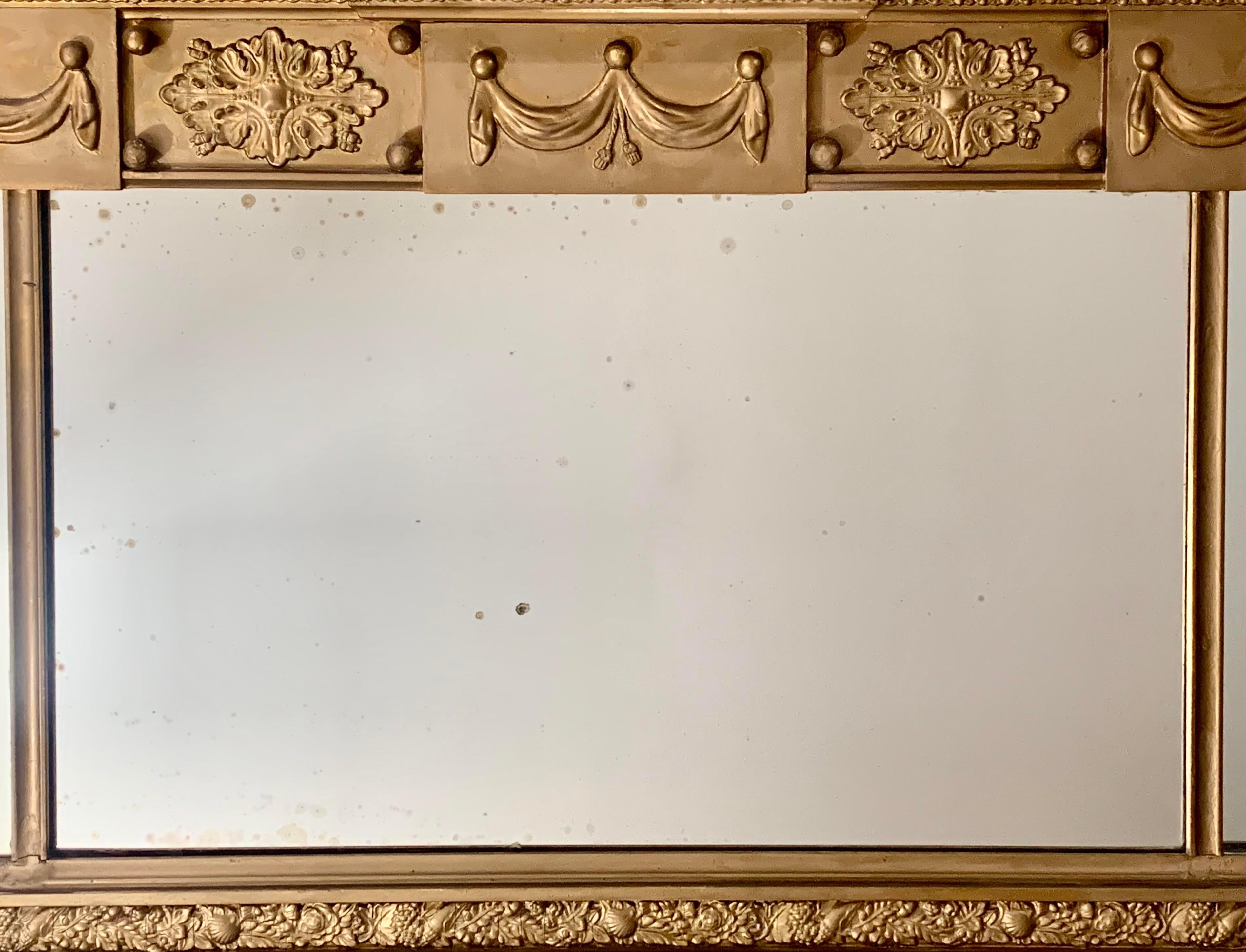 Carved English Adam Neoclassical Triple Panel Overmantel Mirror For Sale