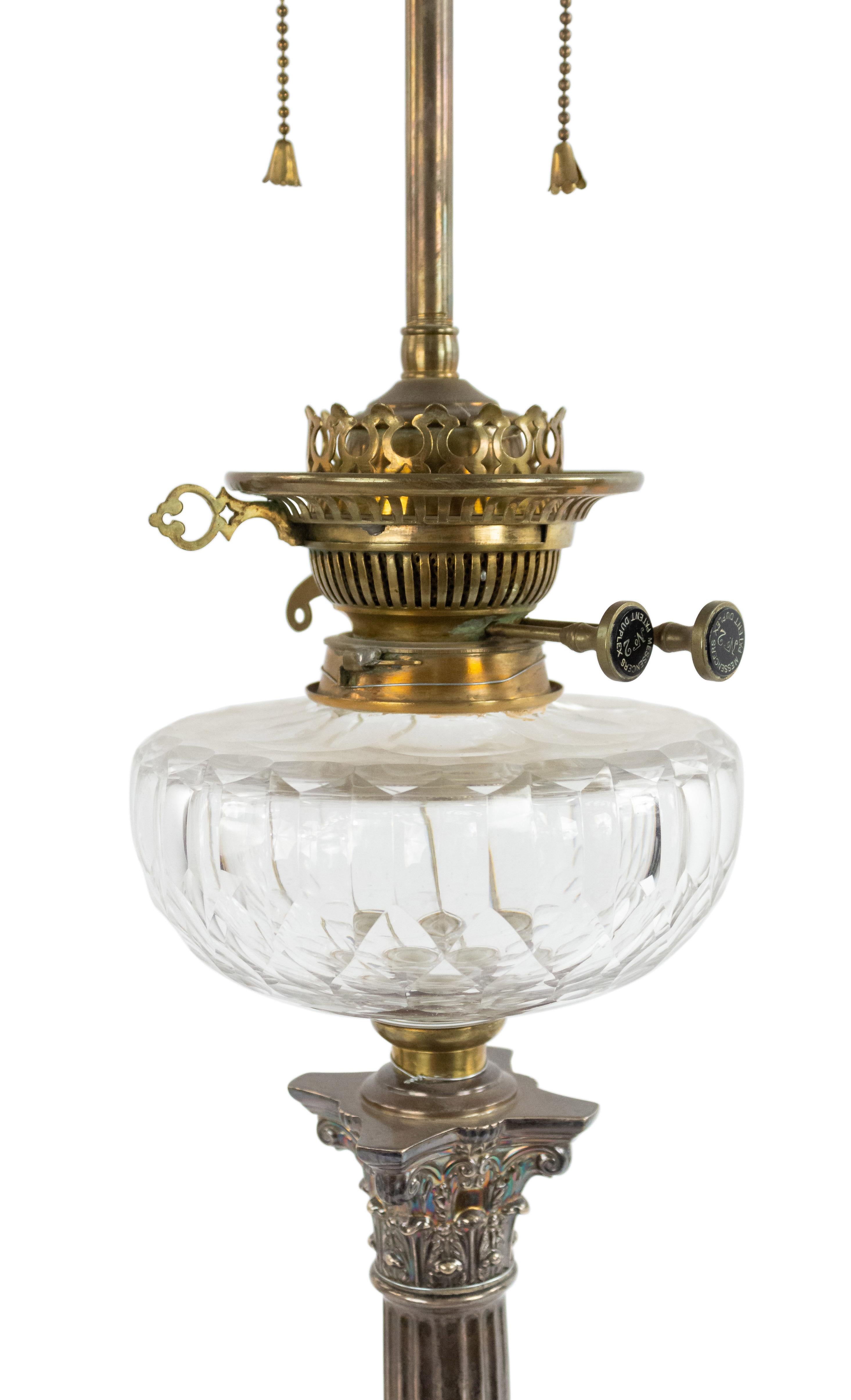English Adam style (19th Century) silver plate Corinthian column table lamp with crystal font.
