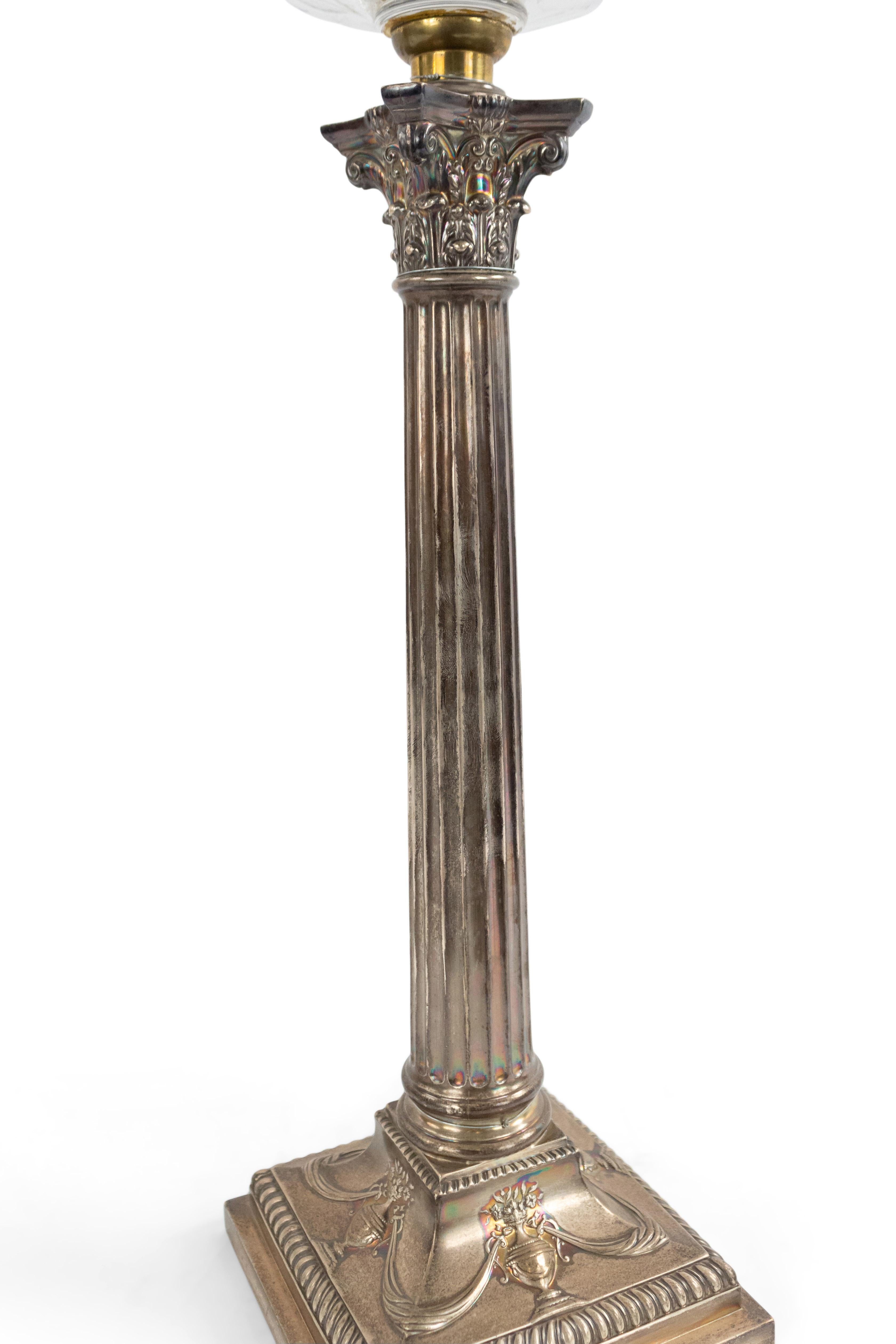 English Adam Silver Plate Corinthian Column Table Lamp For Sale 1