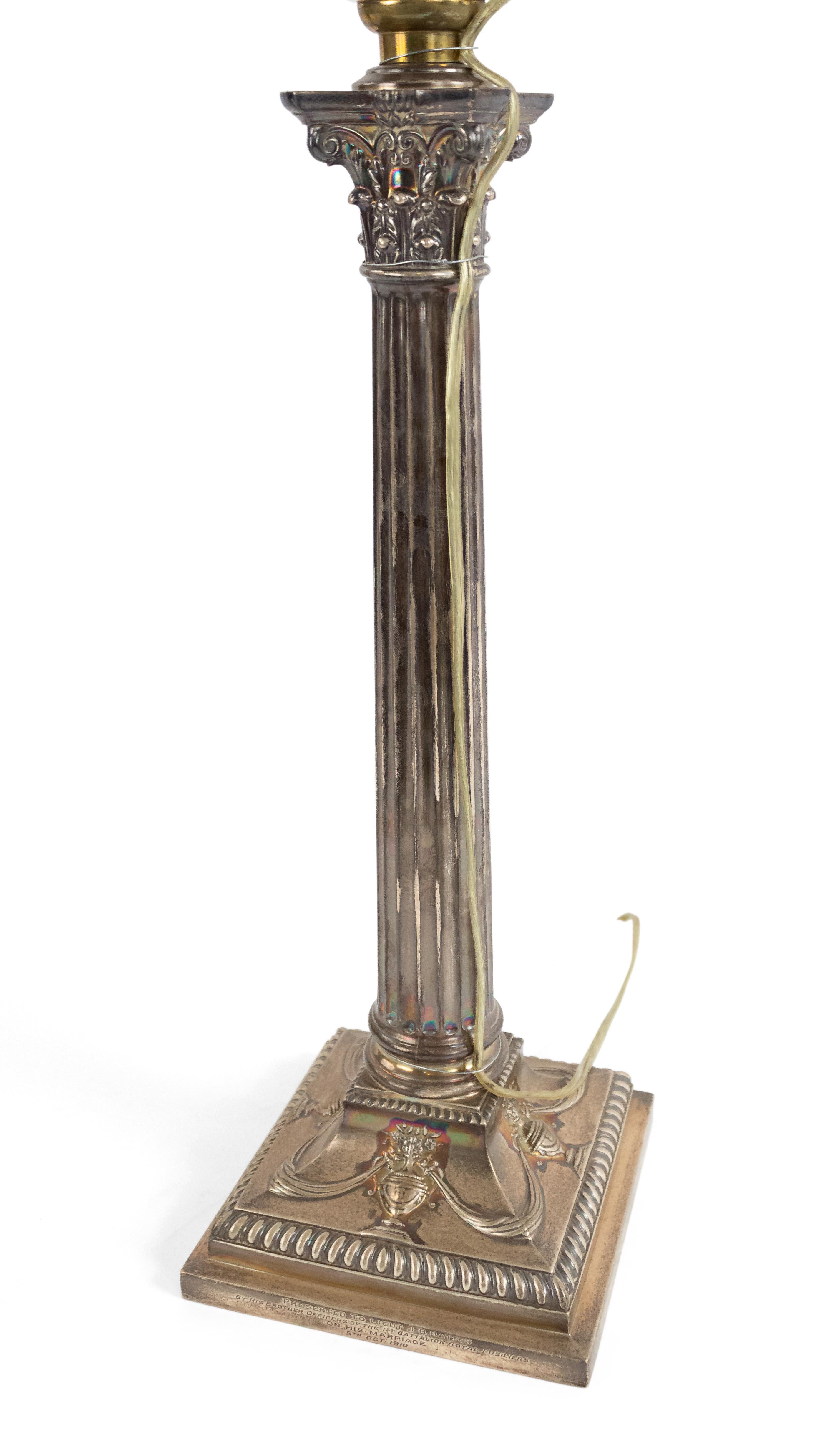 English Adam Silver Plate Corinthian Column Table Lamp For Sale 2