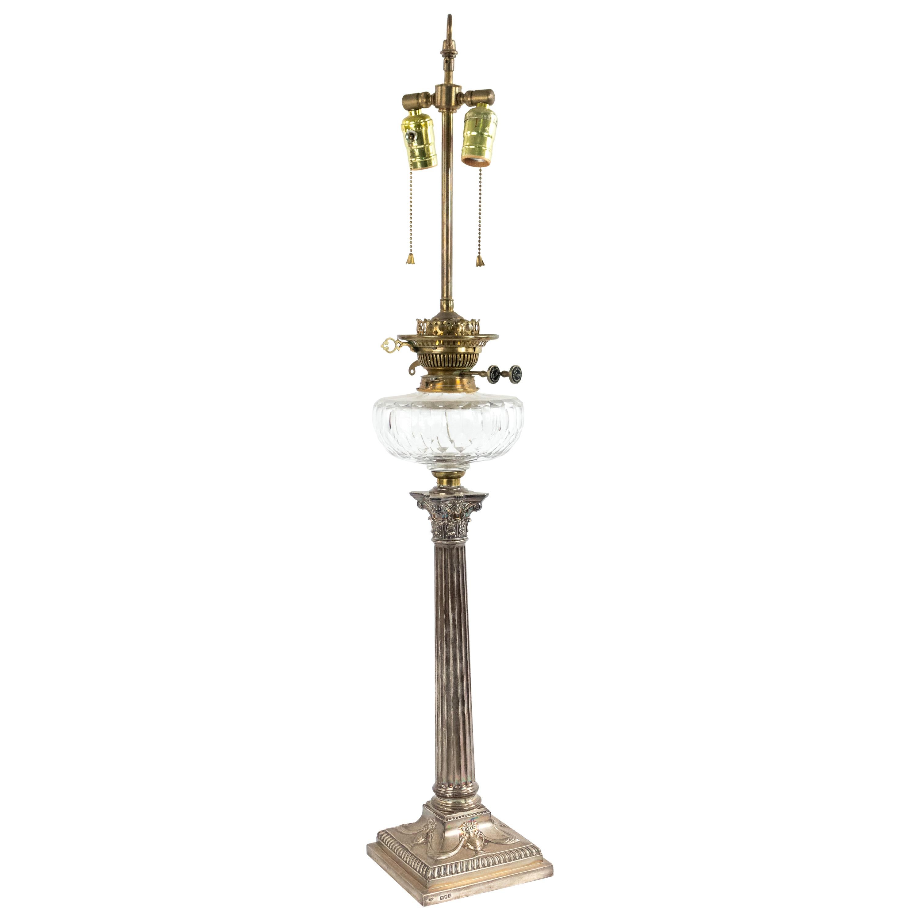 English Adam Silver Plate Corinthian Column Table Lamp For Sale