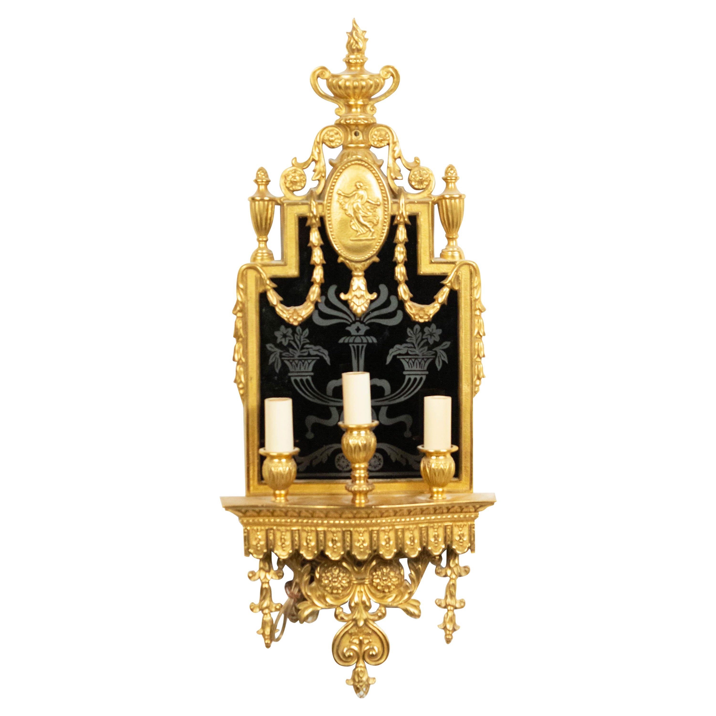 English Adam Style Bronze Dore and Black Glass Wall Sconce