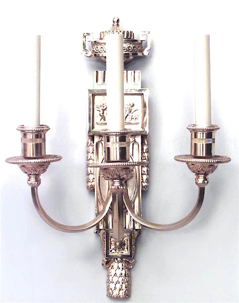 English Adam style (19/20th Century) bronze dore wall sconce with three arms, urn top, and cupid relief design. (CALDWELL)

