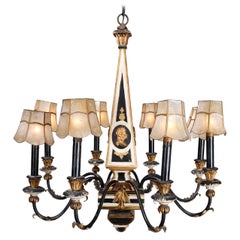 English Adam Style Embossed Ebonized and Gilt 8-Arm Cameo Chandelier, circa 1930