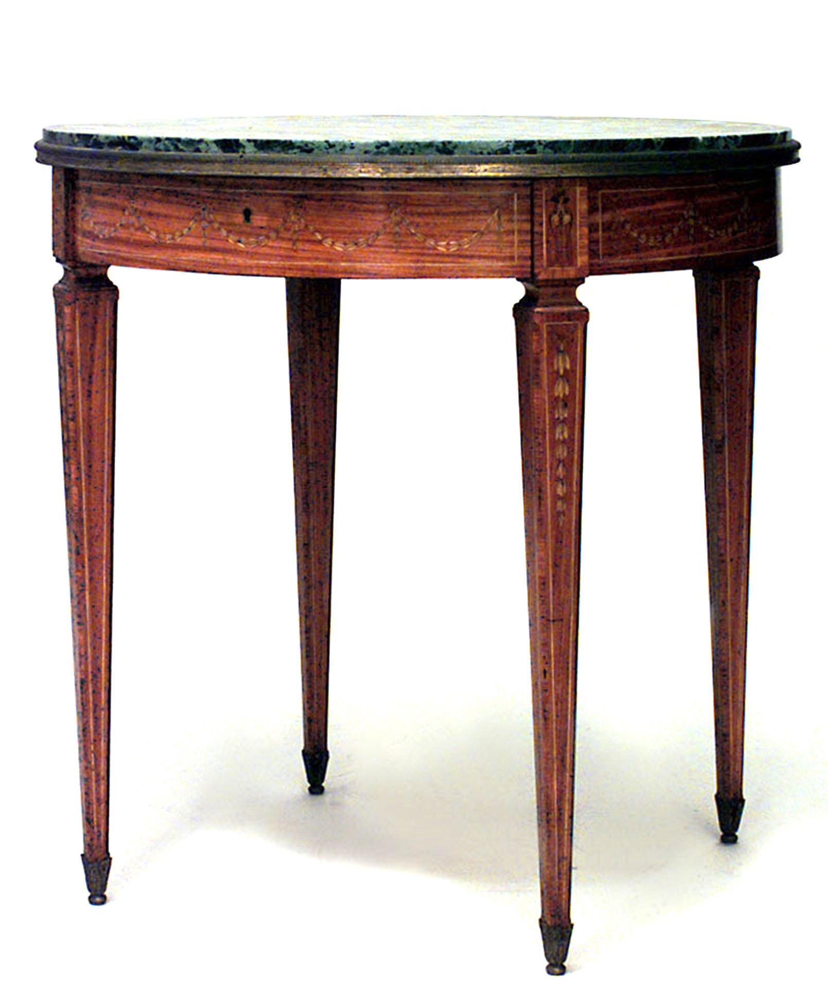 English Adam-style (19th Century) satinwood and inlaid round 4 legged end table with green marble top and bronze rim and drawer
