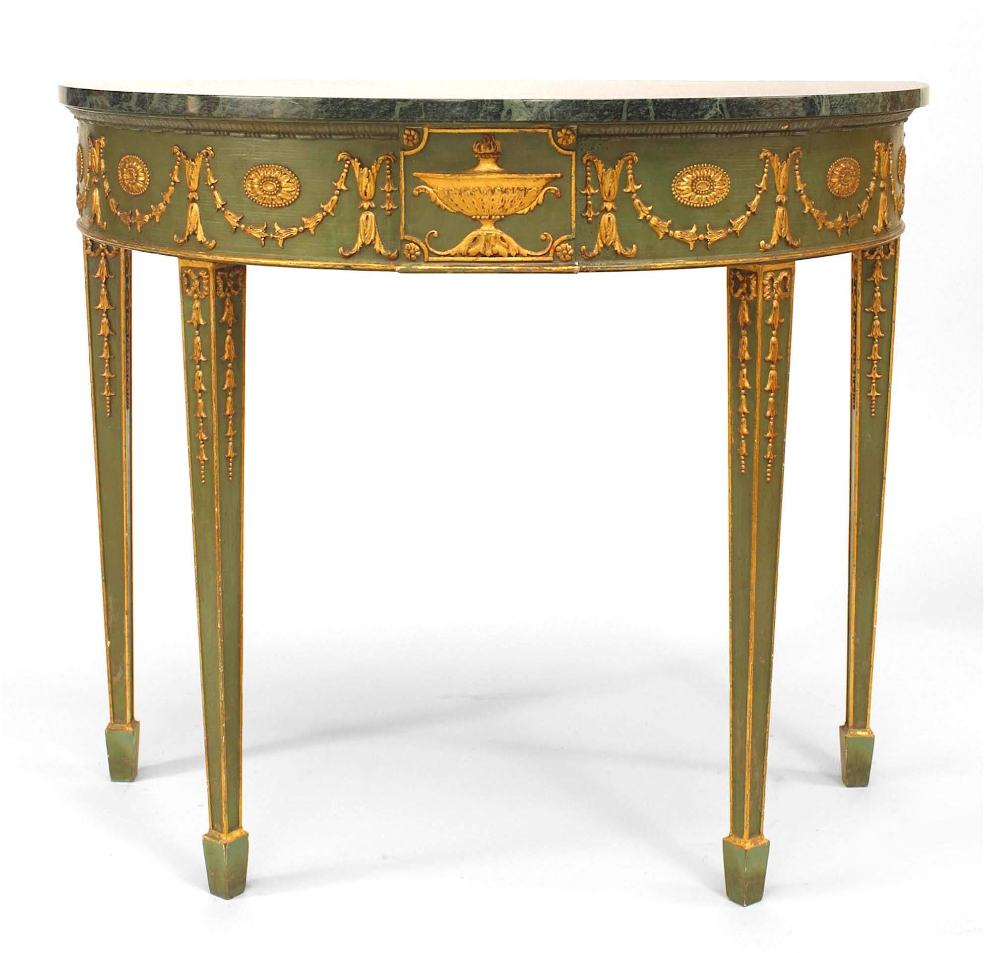 English Adam-style (19th Century) green painted half round console table with gilt applied swag and medallion trim to apron and legs with a green marble top.
