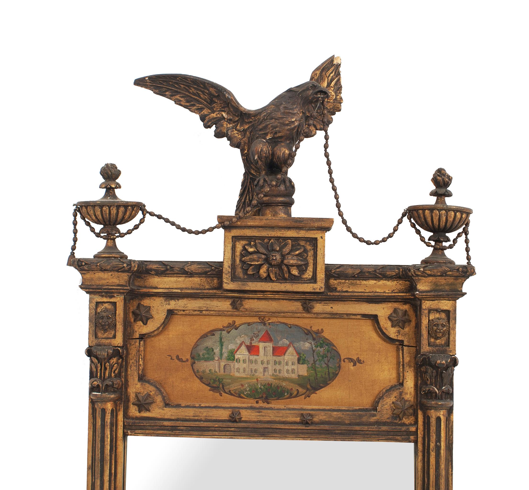 English Adam-style (19th Century) giltwood wall mirror with column sides and a pediment with two urns centering a carved eagle holding a beaded festoon over a large painted house with a red roof.