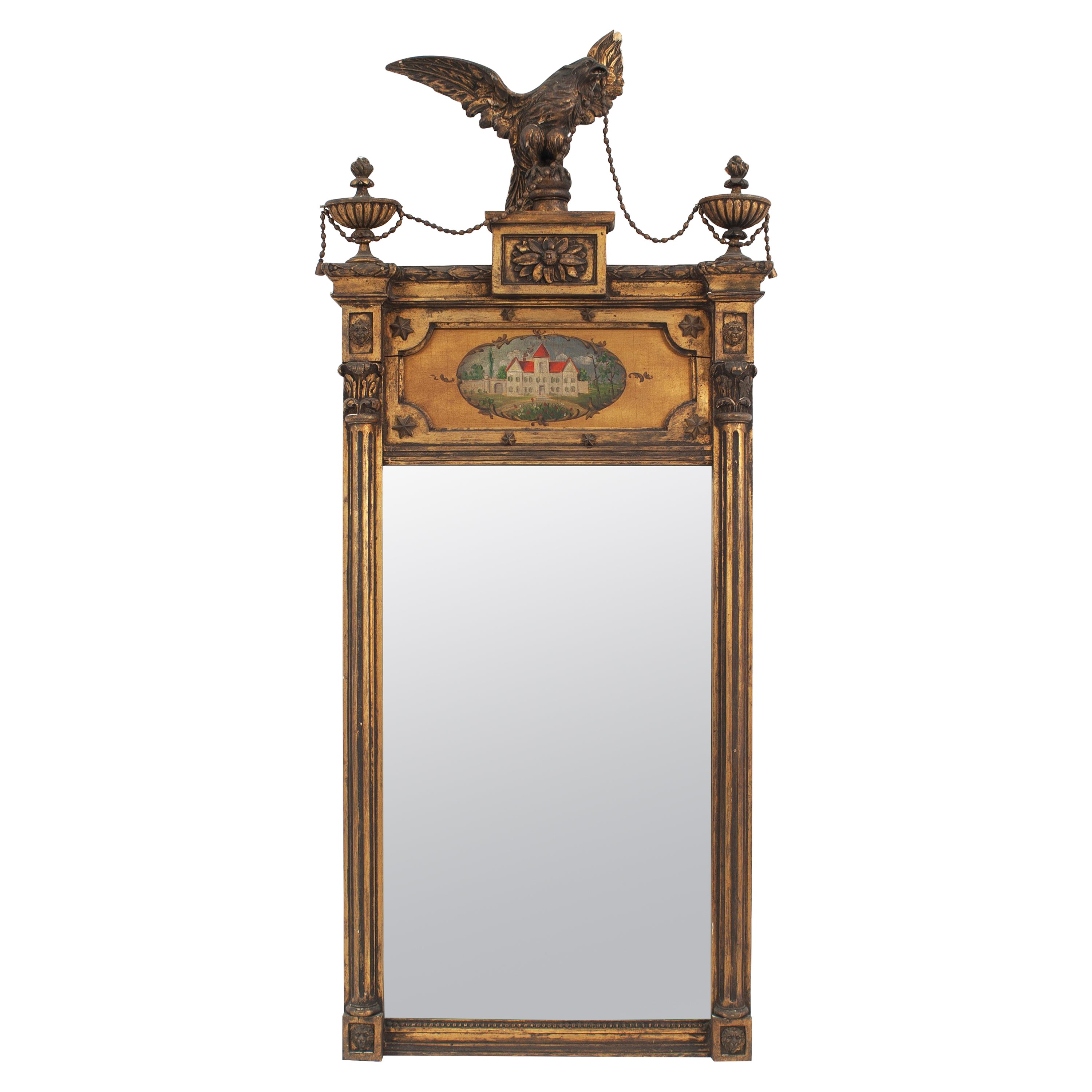 English Adam Style Gilt Wood Eagle Pediment Wall Mirror