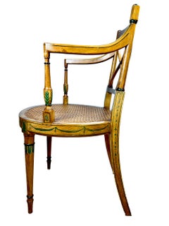 English Adam Style Hand-painted and Decorated Armchair with Caned Seat