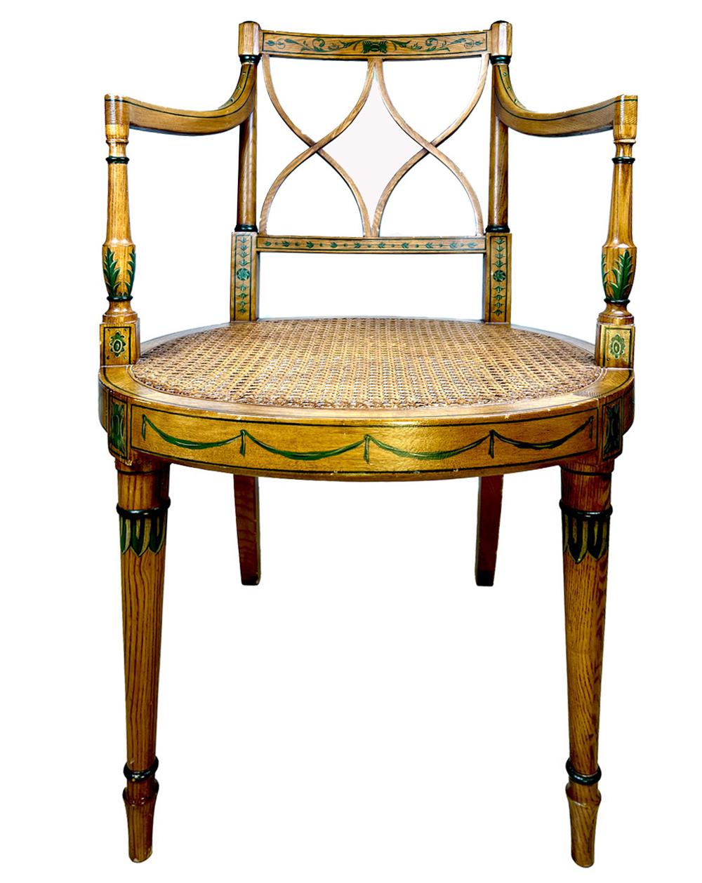 Sillón Inglés Estilo Adam Pintado a Mano y Decorado con Asiento de Caña Pintado a mano en venta