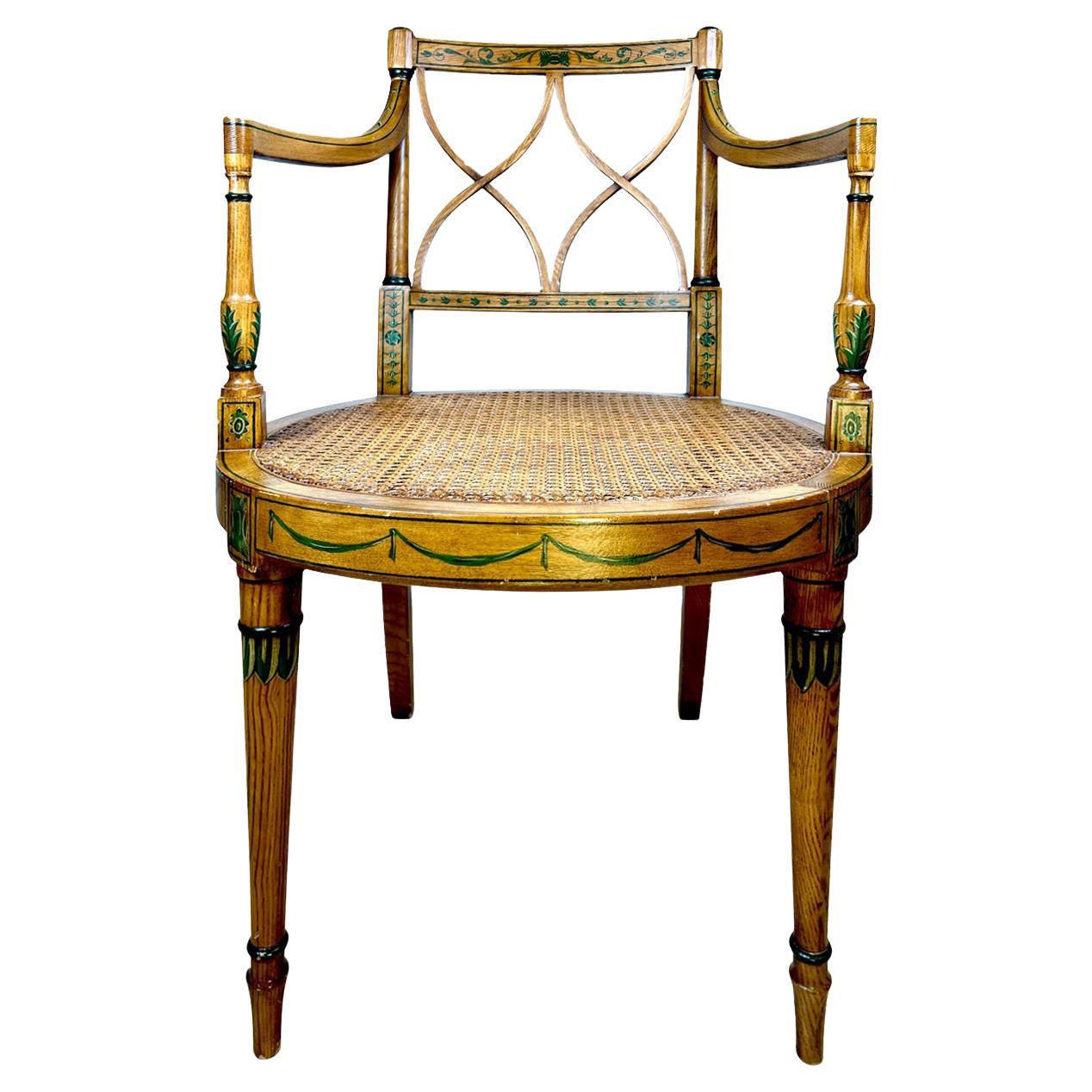 English Adam Style Hand-painted and Decorated Armchair with Caned Seat