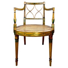 Sillón Inglés Estilo Adam Pintado a Mano y Decorado con Asiento de Caña