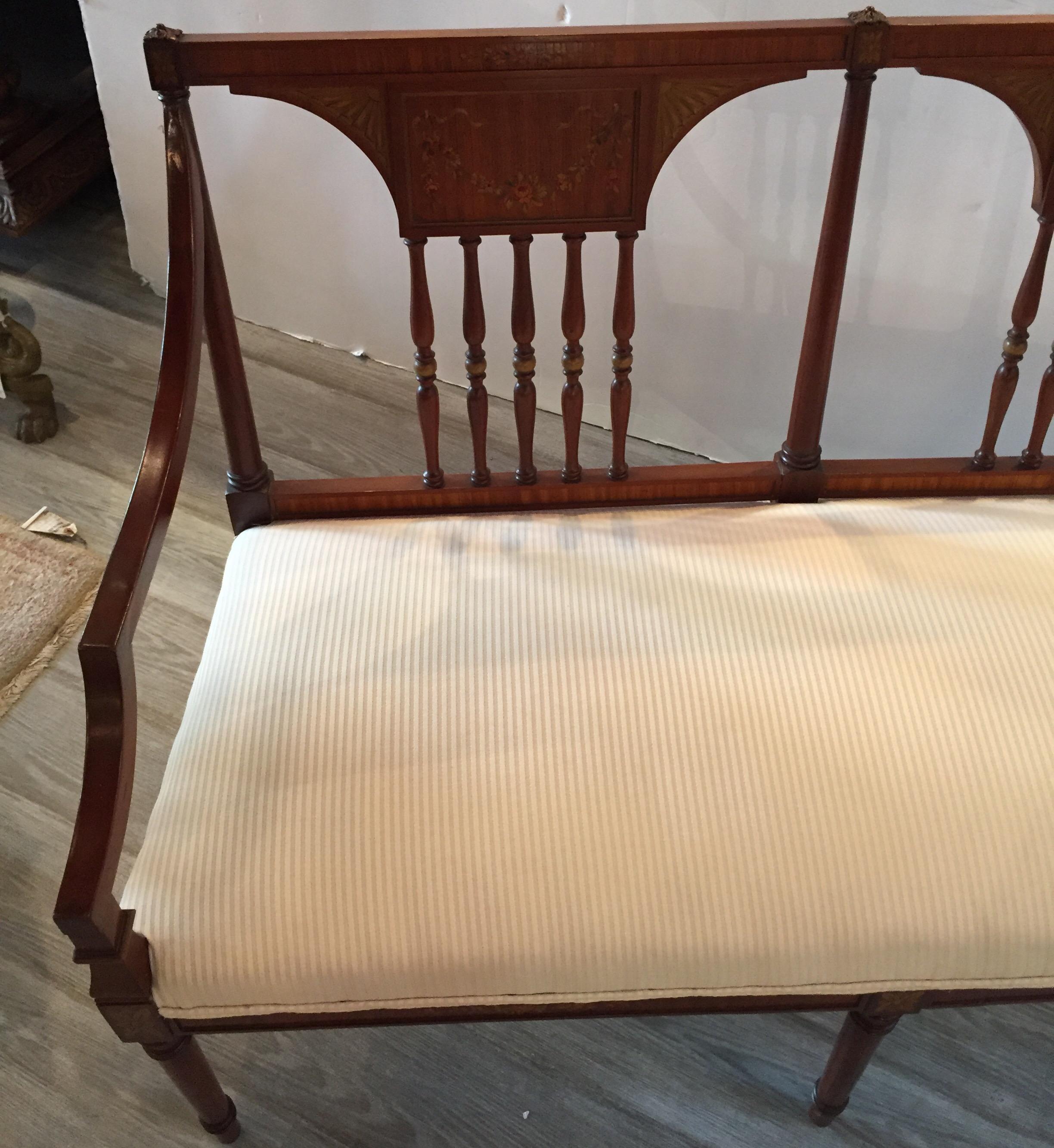 English Adam Style Hand Painted Satinwood and Mahogany Settee In Excellent Condition In Lambertville, NJ