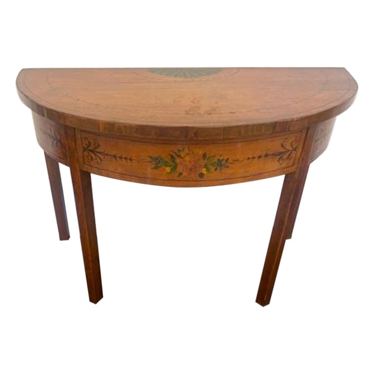English Adam Style Miniature Satinwood and Painted Demilune Console Table For Sale