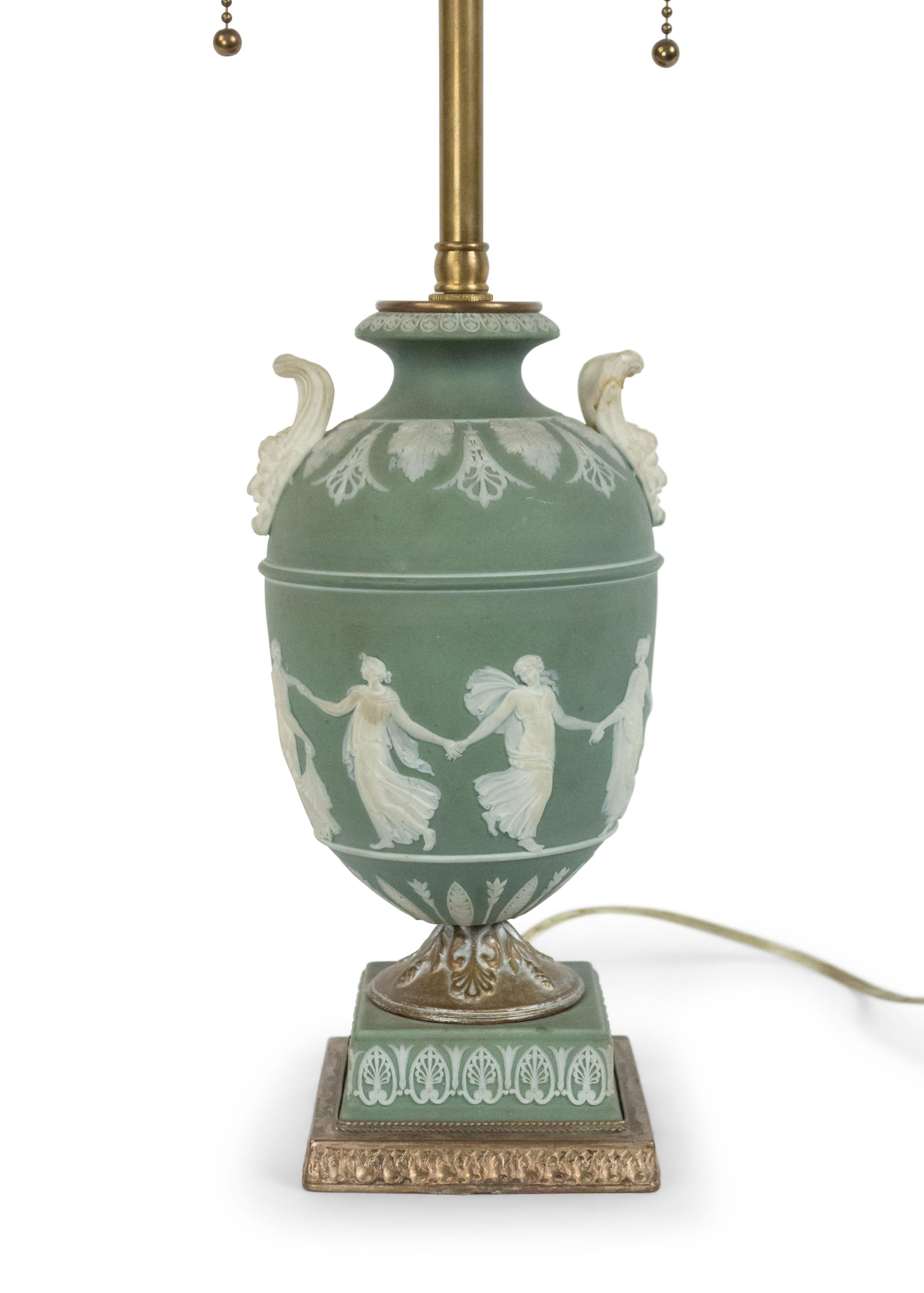 English Adam style (19th Century) green & white Wedgwood porcelain urn shaped table lamp with classical figures and handles.