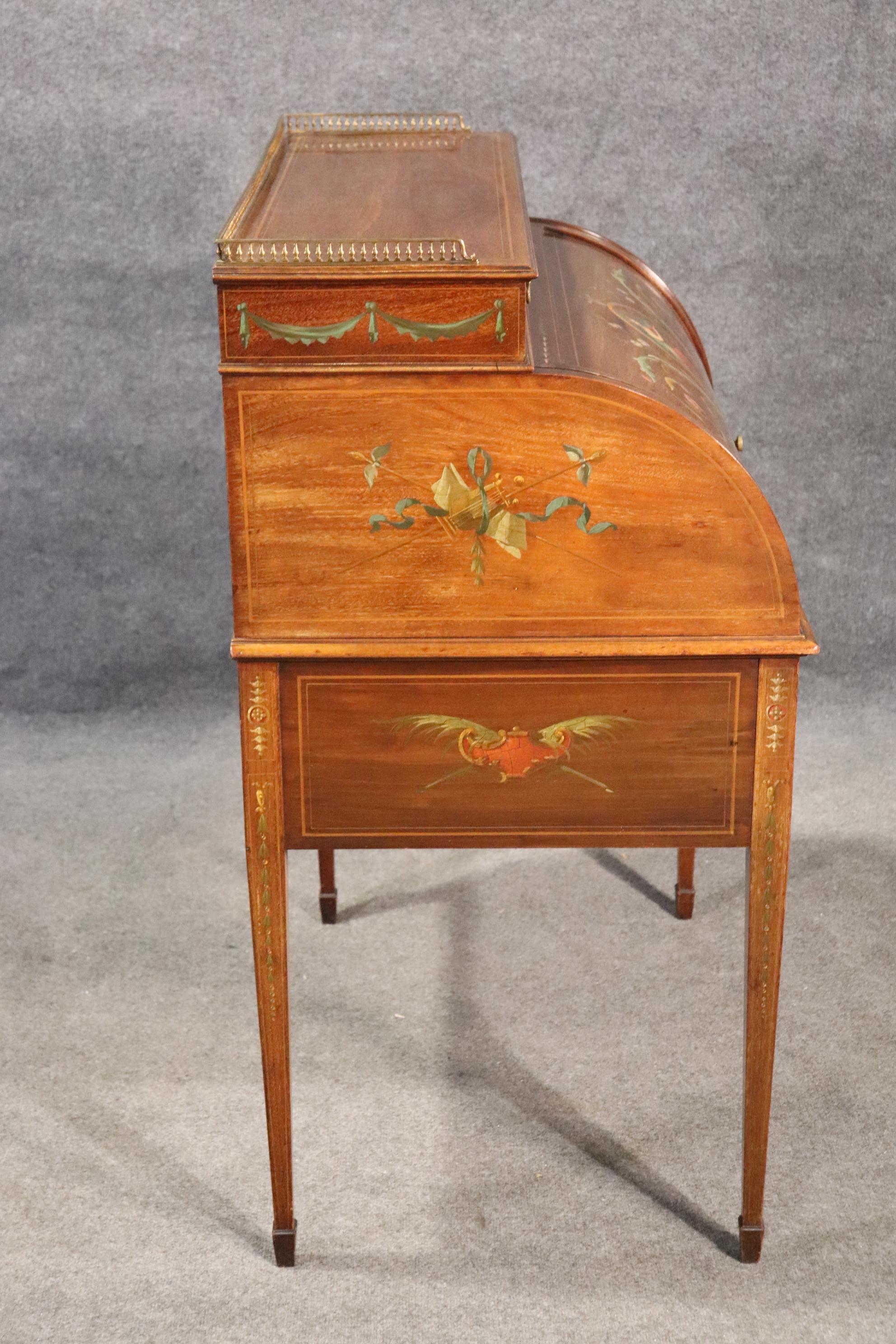 Adam Style English Adams Paint Decorated Solid Mahogany Cylinder Desk with Leather Top