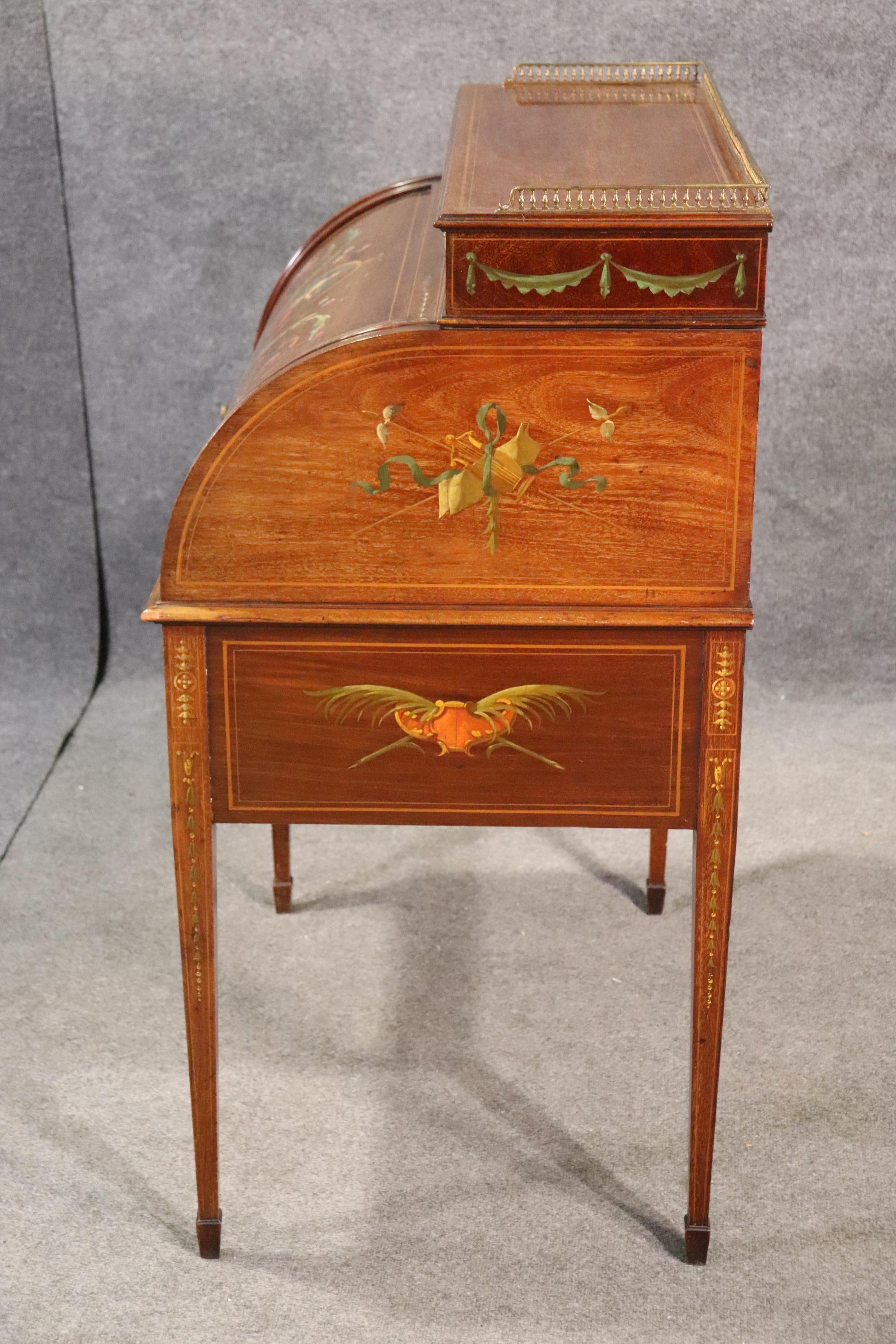 Early 20th Century English Adams Paint Decorated Solid Mahogany Cylinder Desk with Leather Top
