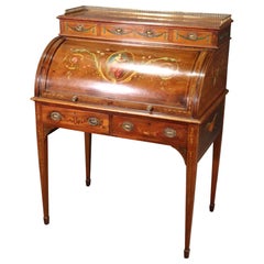 English Adams Paint Decorated Solid Mahogany Cylinder Desk with Leather Top