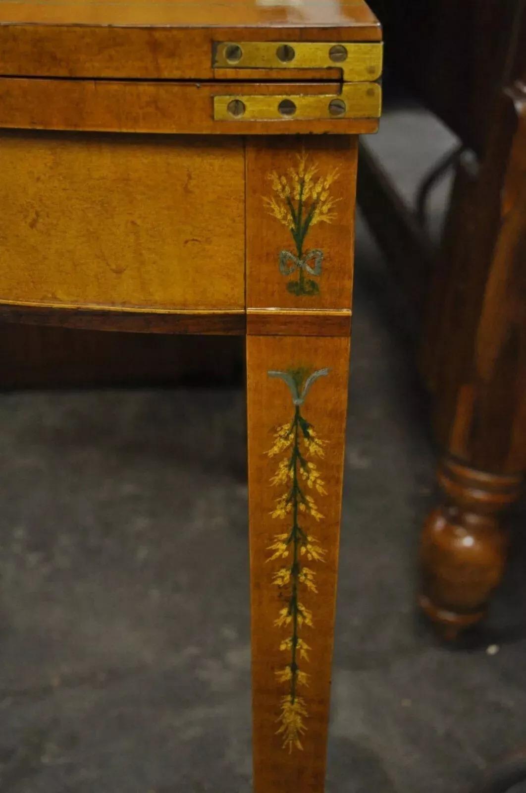 English Adams Style Hand Painted Leather Flip Top Demilune Console Game Table For Sale 4