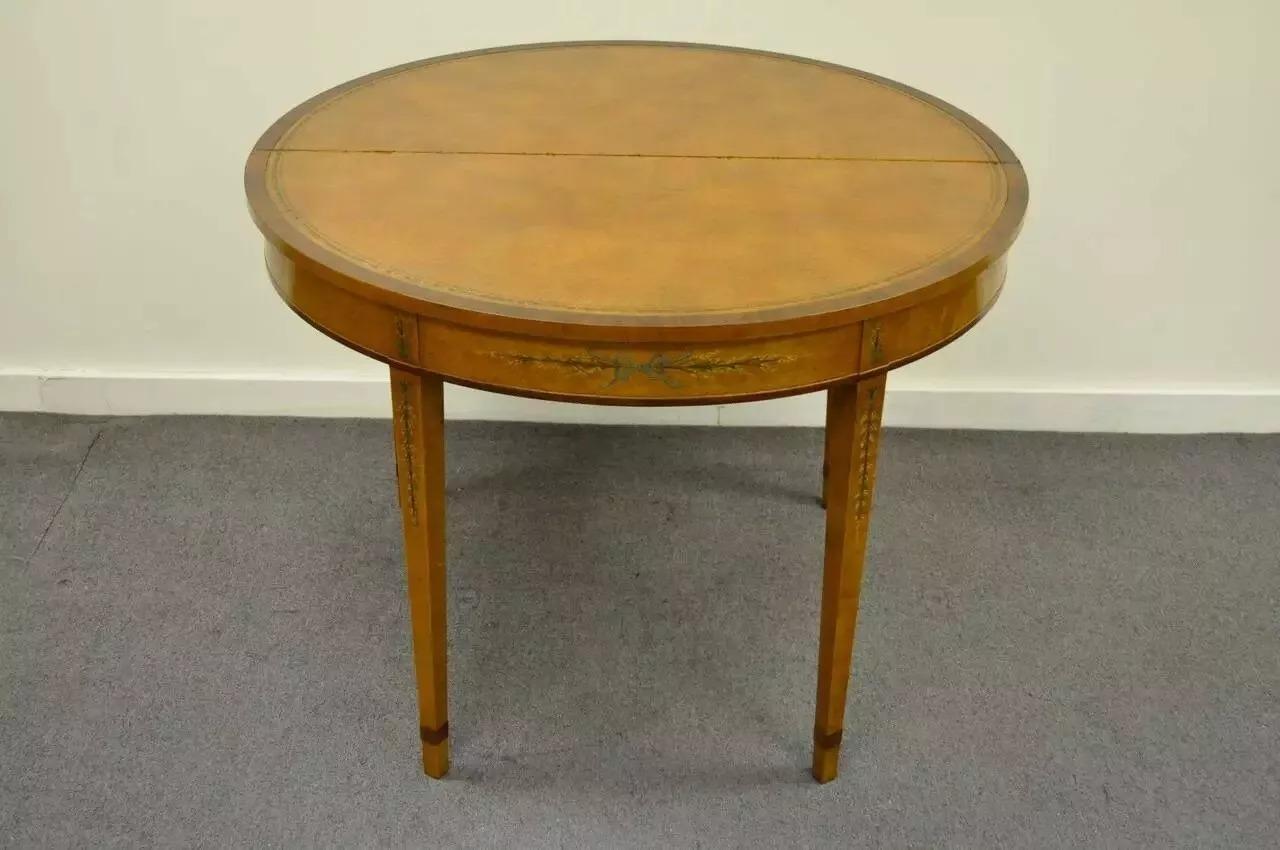 English Adams Style Hand Painted Leather Flip Top Demilune Console Game Table For Sale 1