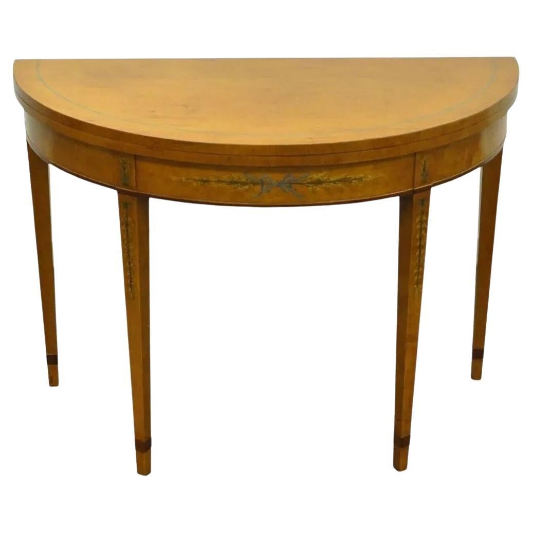 English Adams Style Hand Painted Leather Flip Top Demilune Console Game Table For Sale