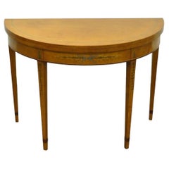 English Adams Style Hand Painted Leather Flip Top Demilune Console Game Table