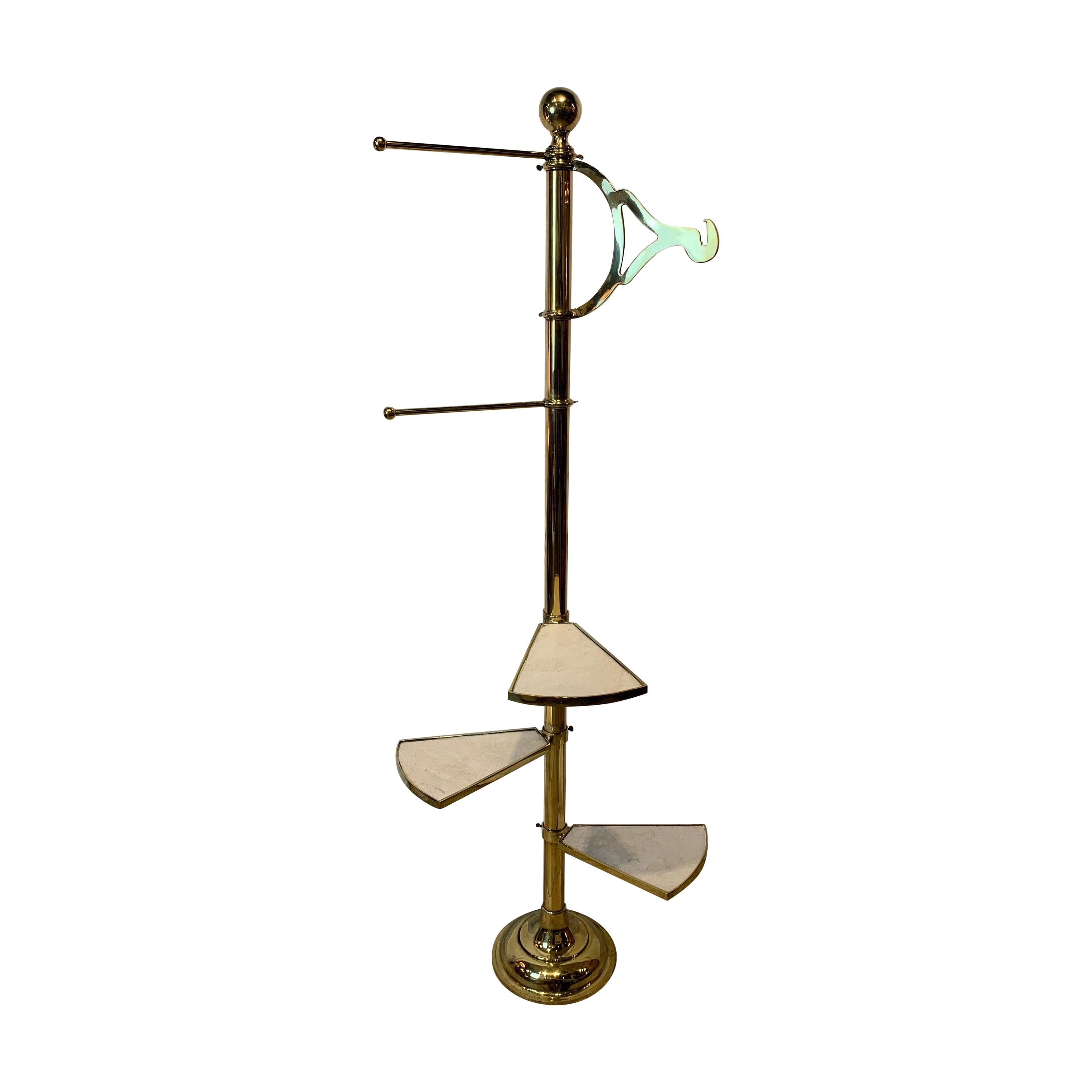 English Adjustable Brass Clothes Stand with Three Marble Insert Shelves
