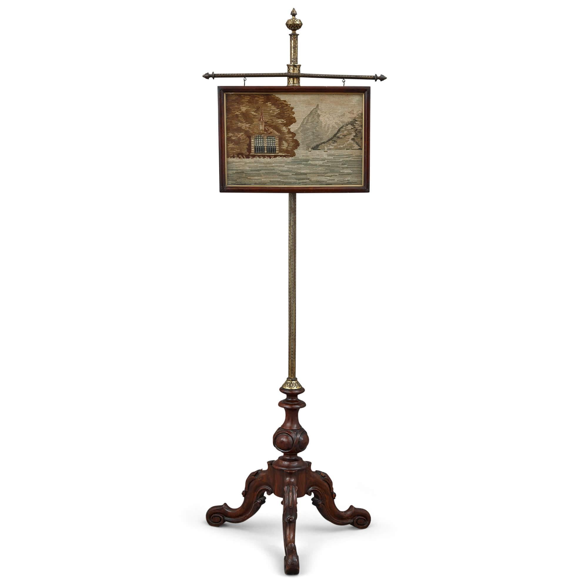 English Adjustable Tapestry and Mahogany Fire Screen