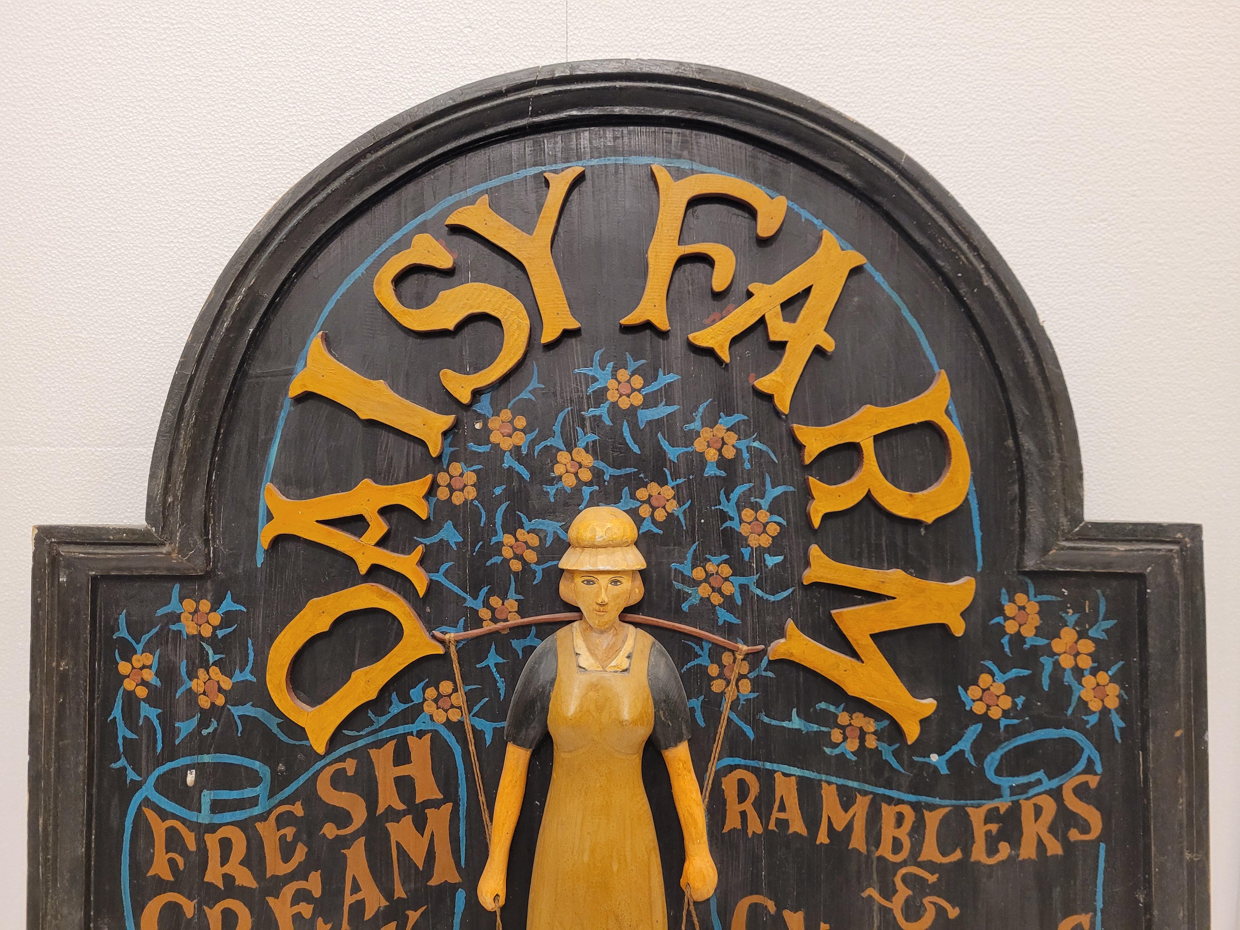 Women's or Men's English advertising painted carved wood poster or sign Daisy Farm For Sale