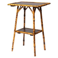 Antique English Aesthetic Bamboo Side Table with Tooled Leather Top