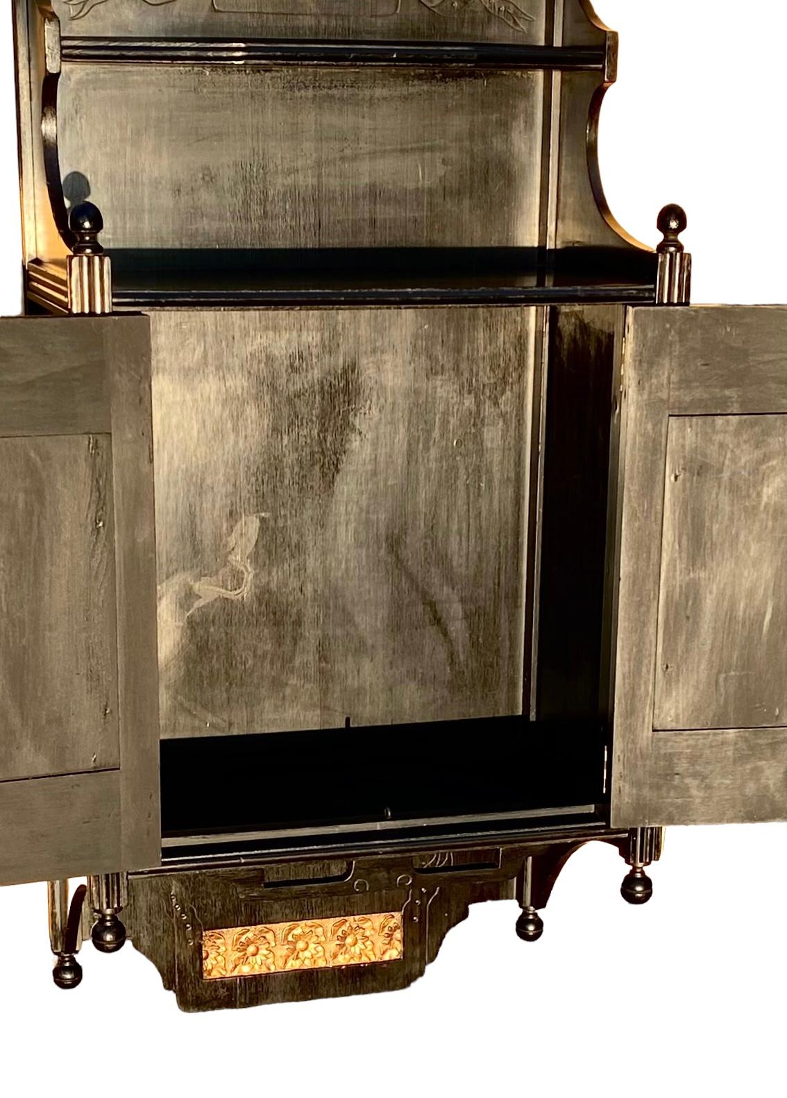 English Aesthetic Ebonized Wood and Brass Wall Cabinet In Good Condition In New Orleans, LA