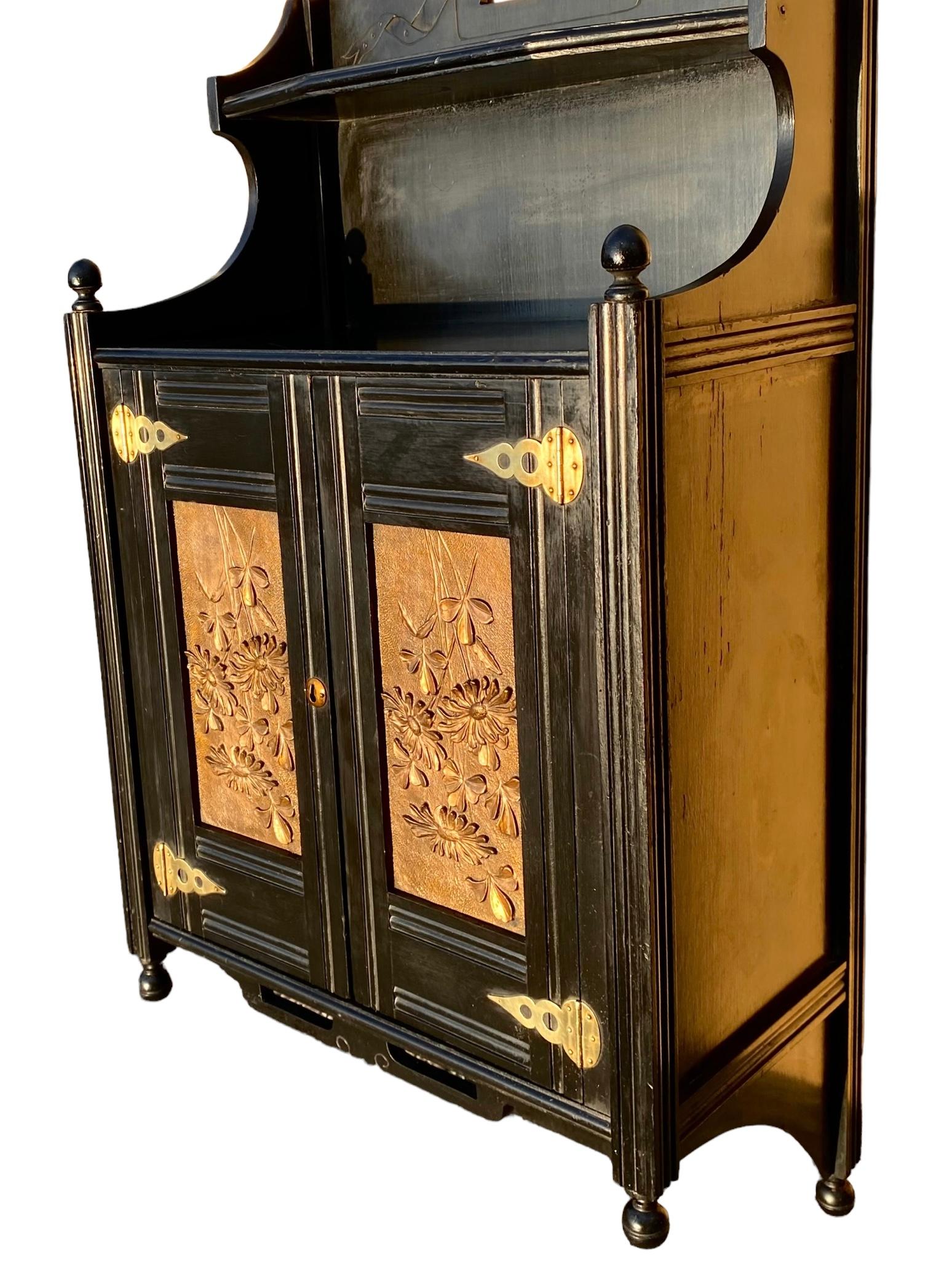 English Aesthetic Ebonized Wood and Brass Wall Cabinet 1
