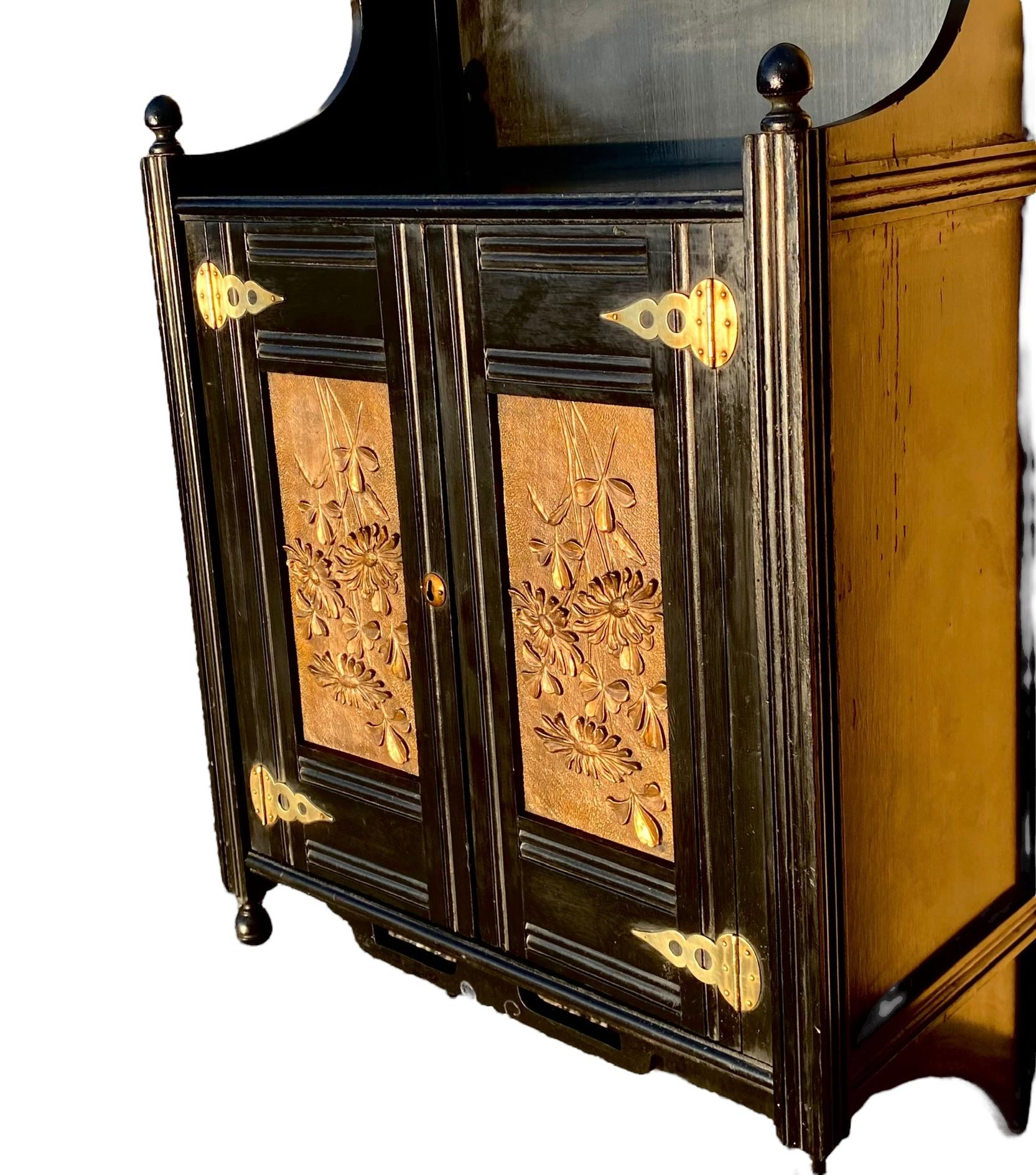 English Aesthetic Ebonized Wood and Brass Wall Cabinet 2